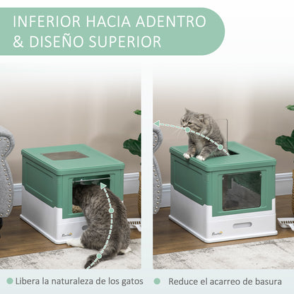 Covered Litter Box for Cats with Removable Hygienic Tray with Front Entrance and Top Exit with Scoop for Cats up to 5kg 47.5x35.5x36.7 cm Green and White