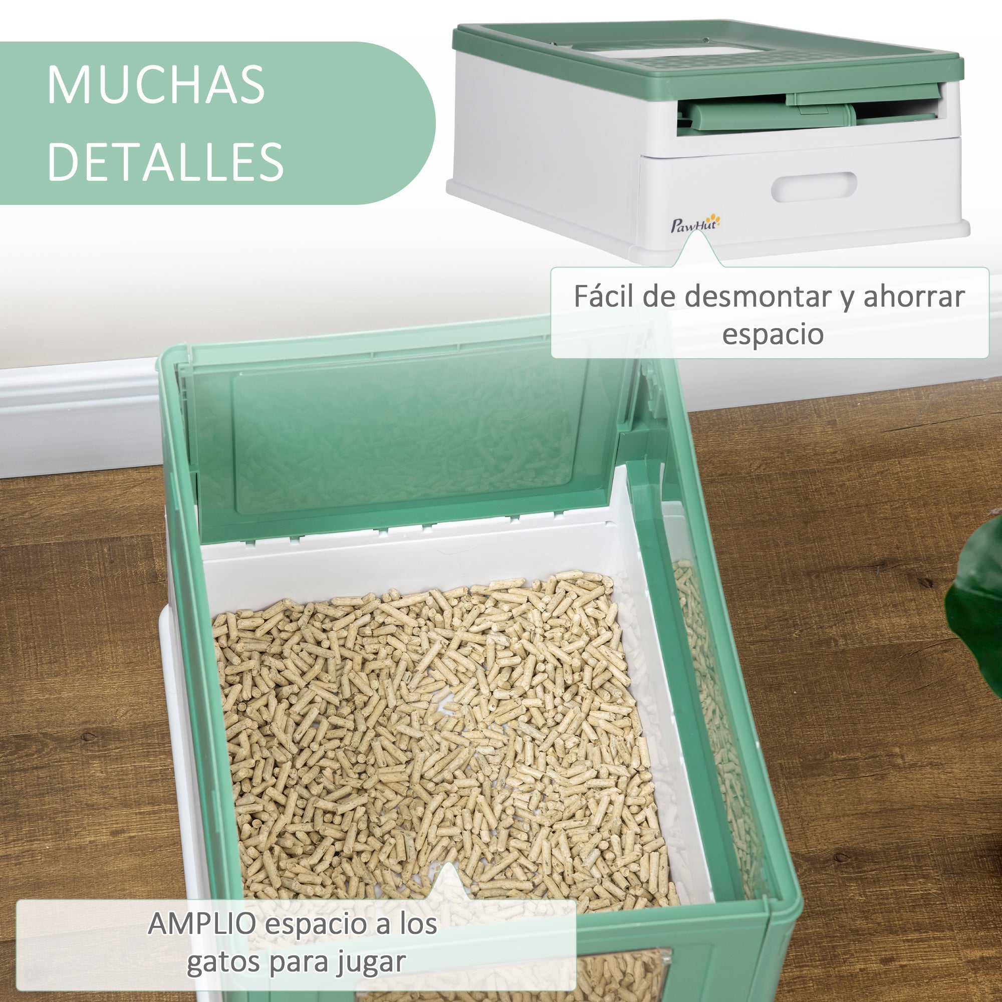 Covered Litter Box for Cats with Removable Hygienic Tray with Front Entrance and Top Exit with Scoop for Cats up to 5kg 47.5x35.5x36.7 cm Green and White