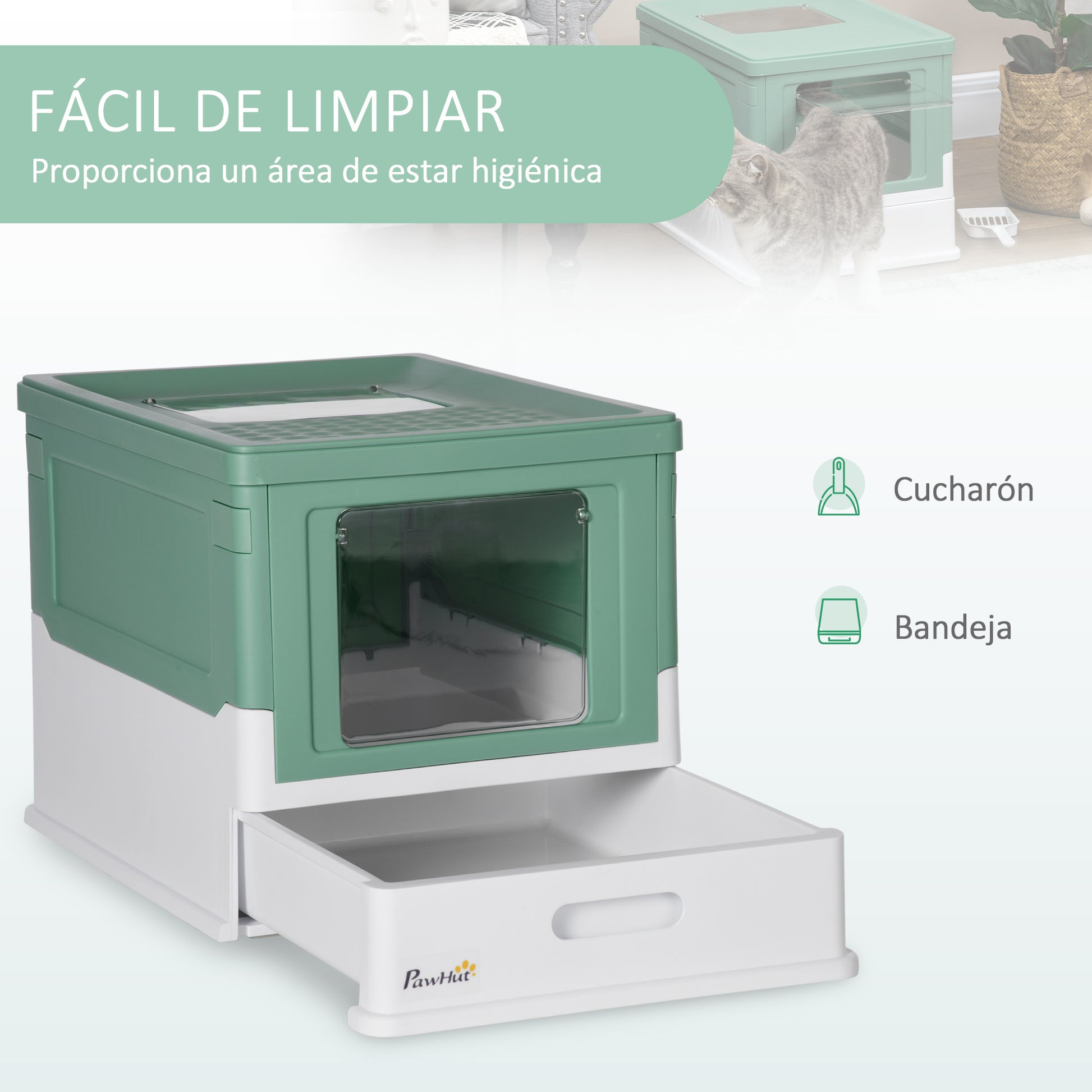 Covered Litter Box for Cats with Removable Hygienic Tray with Front Entrance and Top Exit with Scoop for Cats up to 5kg 47.5x35.5x36.7 cm Green and White