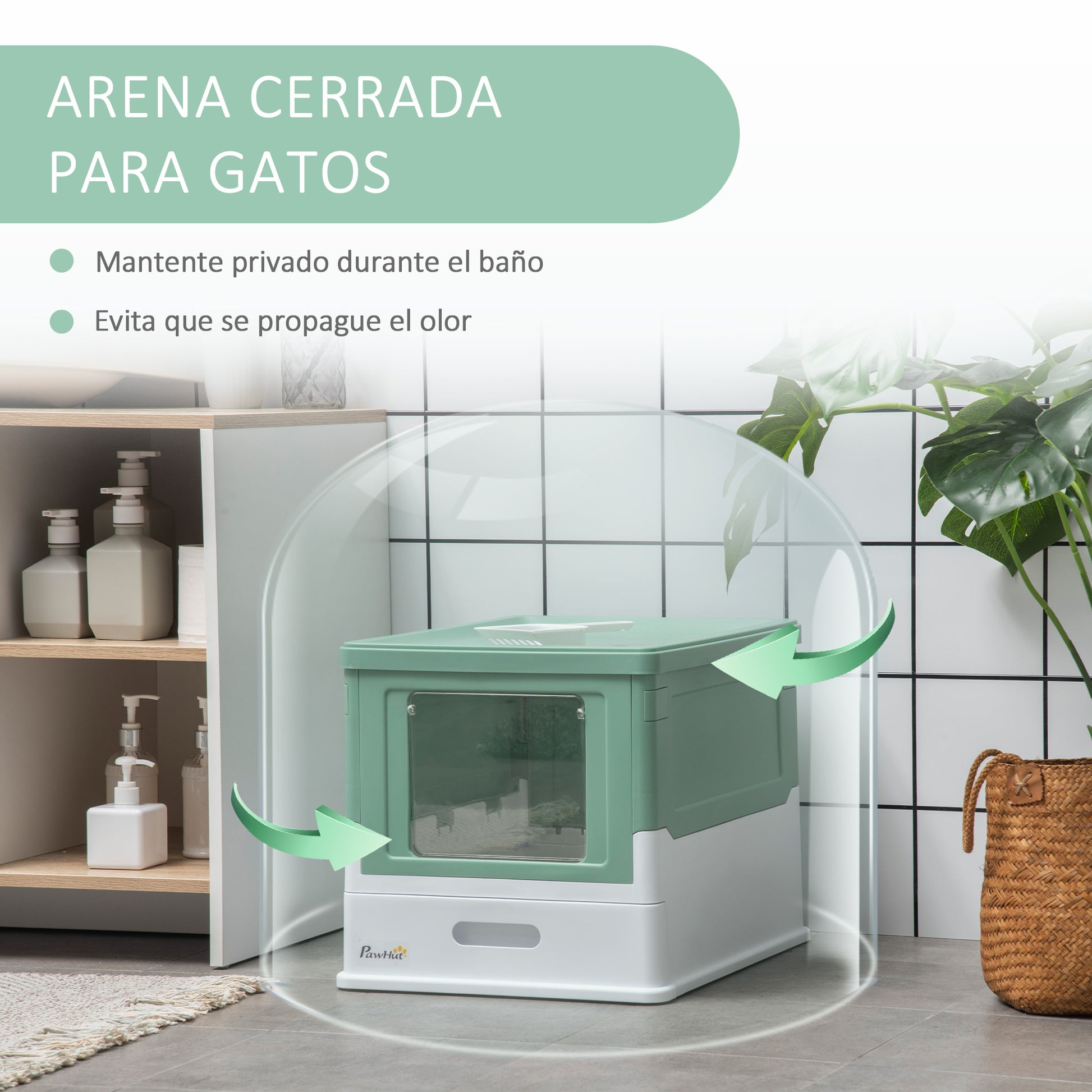 Covered Litter Box for Cats with Removable Hygienic Tray with Front Entrance and Top Exit with Scoop for Cats up to 5kg 47.5x35.5x36.7 cm Green and White