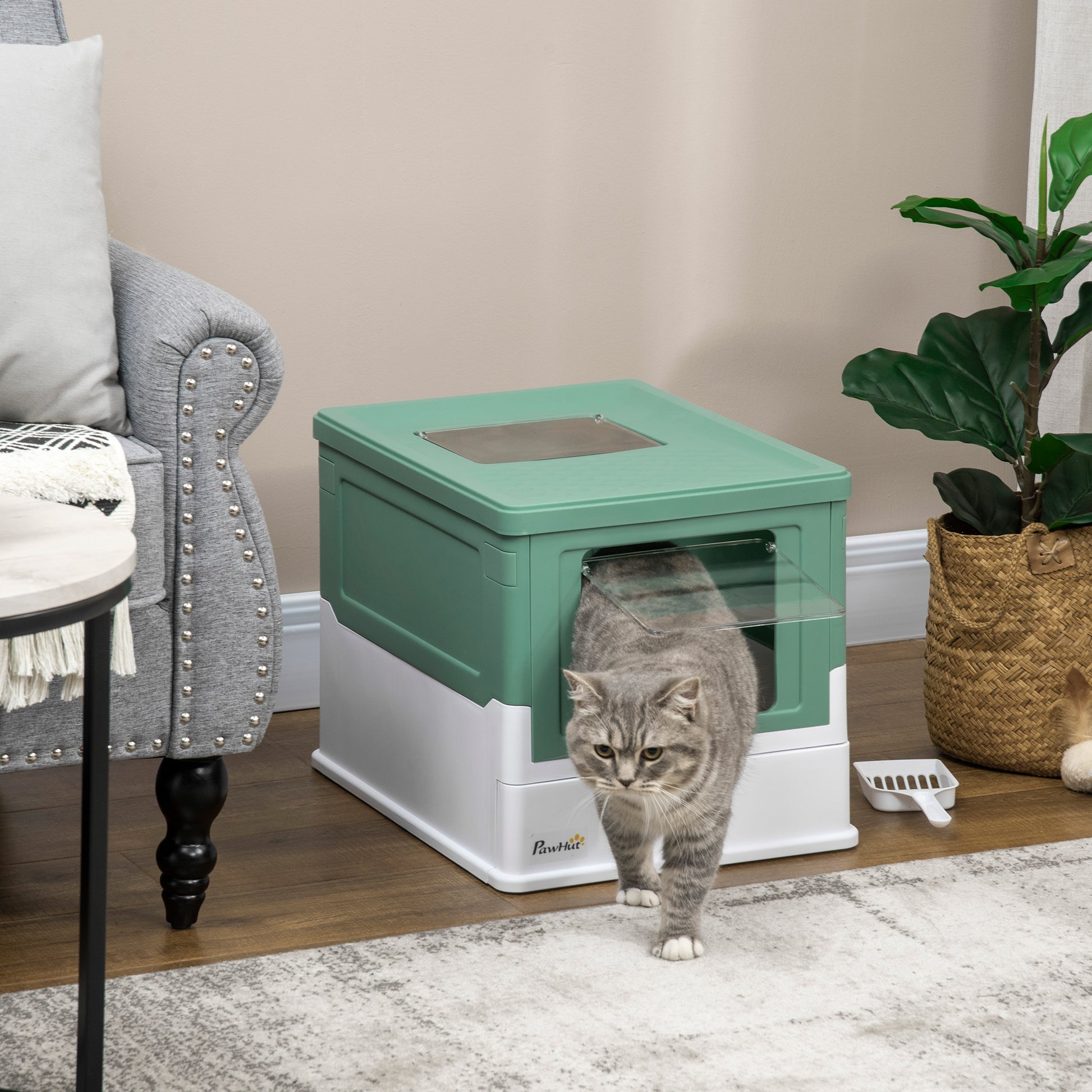 Covered Litter Box for Cats with Removable Hygienic Tray with Front Entrance and Top Exit with Scoop for Cats up to 5kg 47.5x35.5x36.7 cm Green and White