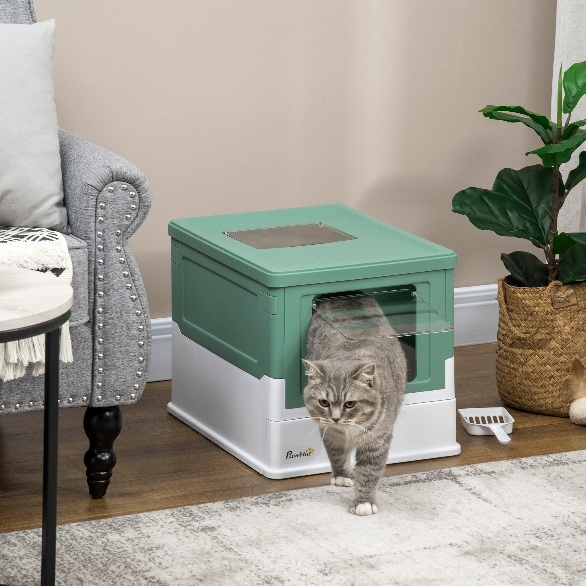 Covered Litter Box for Cats with Removable Hygienic Tray with Front Entrance and Top Exit with Scoop for Cats up to 5kg 47.5x35.5x36.7 cm Green and White