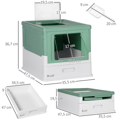 Covered Litter Box for Cats with Removable Hygienic Tray with Front Entrance and Top Exit with Scoop for Cats up to 5kg 47.5x35.5x36.7 cm Green and White