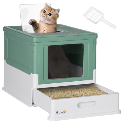 Covered Litter Box for Cats with Removable Hygienic Tray with Front Entrance and Top Exit with Scoop for Cats up to 5kg 47.5x35.5x36.7 cm Green and White