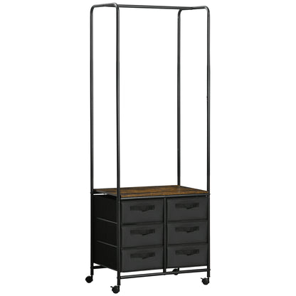 Industrial Style Wardrobe Closet with 6 Fabric Drawers and 4 Wheels - 63.5 x 40 x 172.5 cm Black Brown