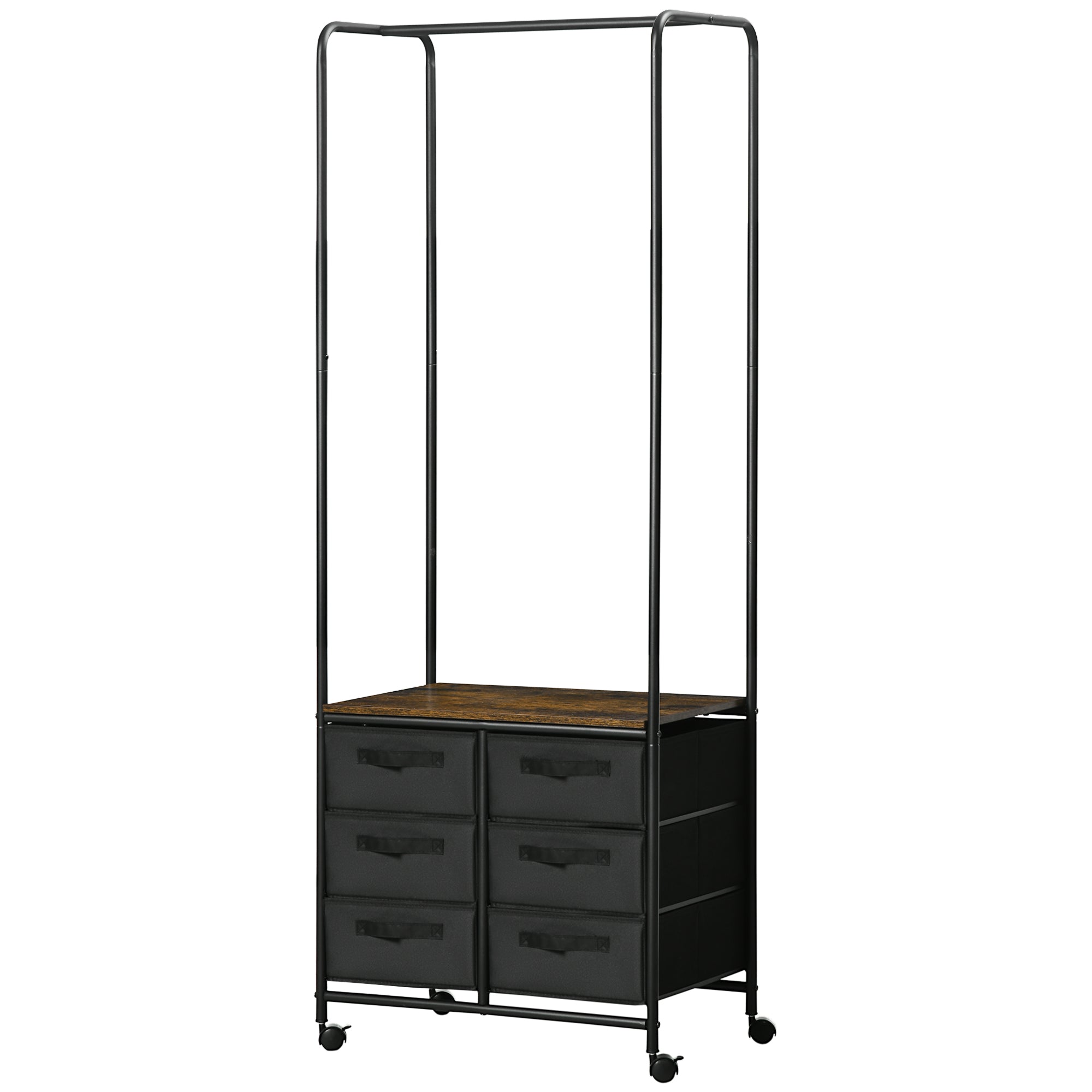 Industrial Style Wardrobe Closet with 6 Fabric Drawers and 4 Wheels - 63.5 x 40 x 172.5 cm Black Brown