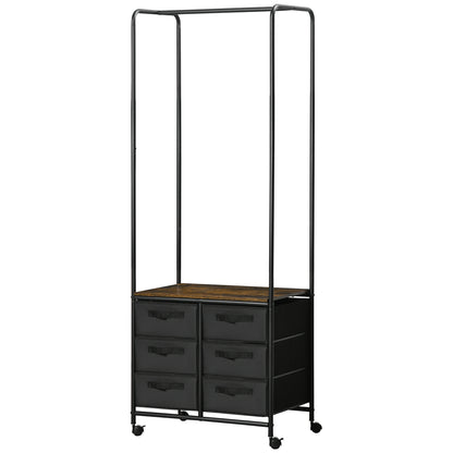 Industrial Style Wardrobe Closet with 6 Fabric Drawers and 4 Wheels - 63.5 x 40 x 172.5 cm Black Brown