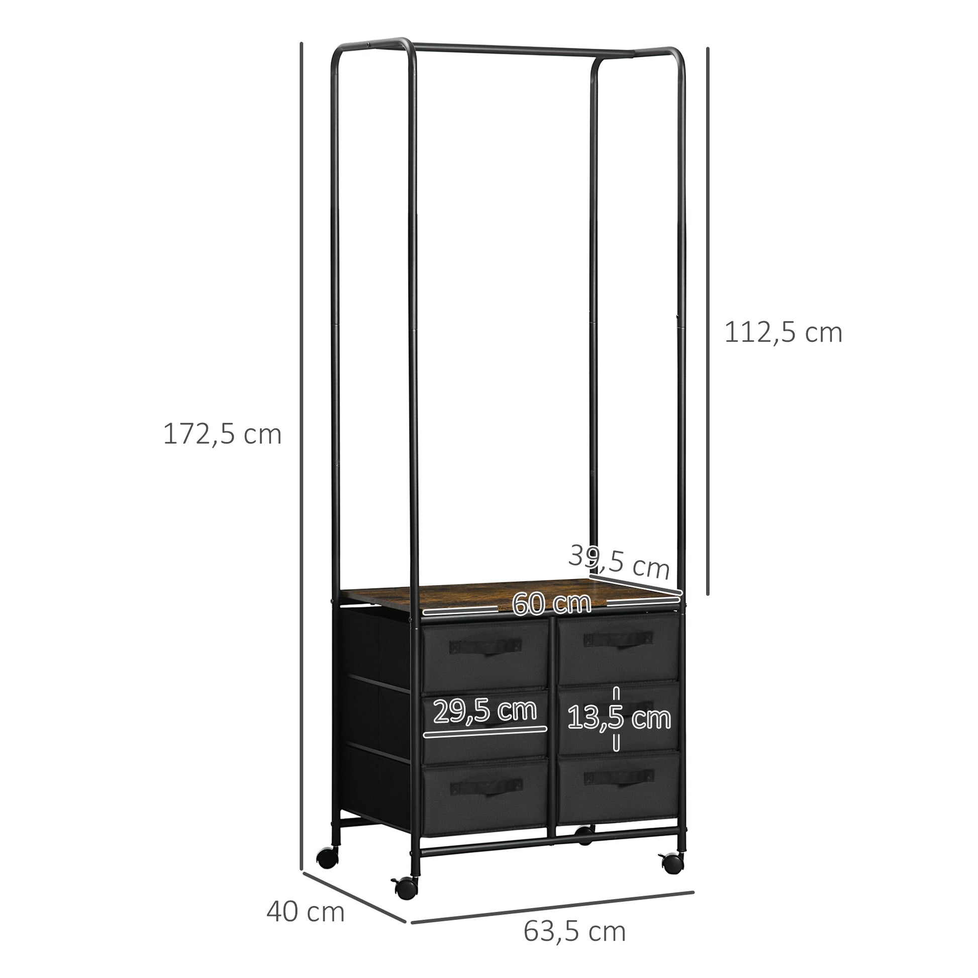 Industrial Style Wardrobe Closet with 6 Fabric Drawers and 4 Wheels - 63.5 x 40 x 172.5 cm Black Brown