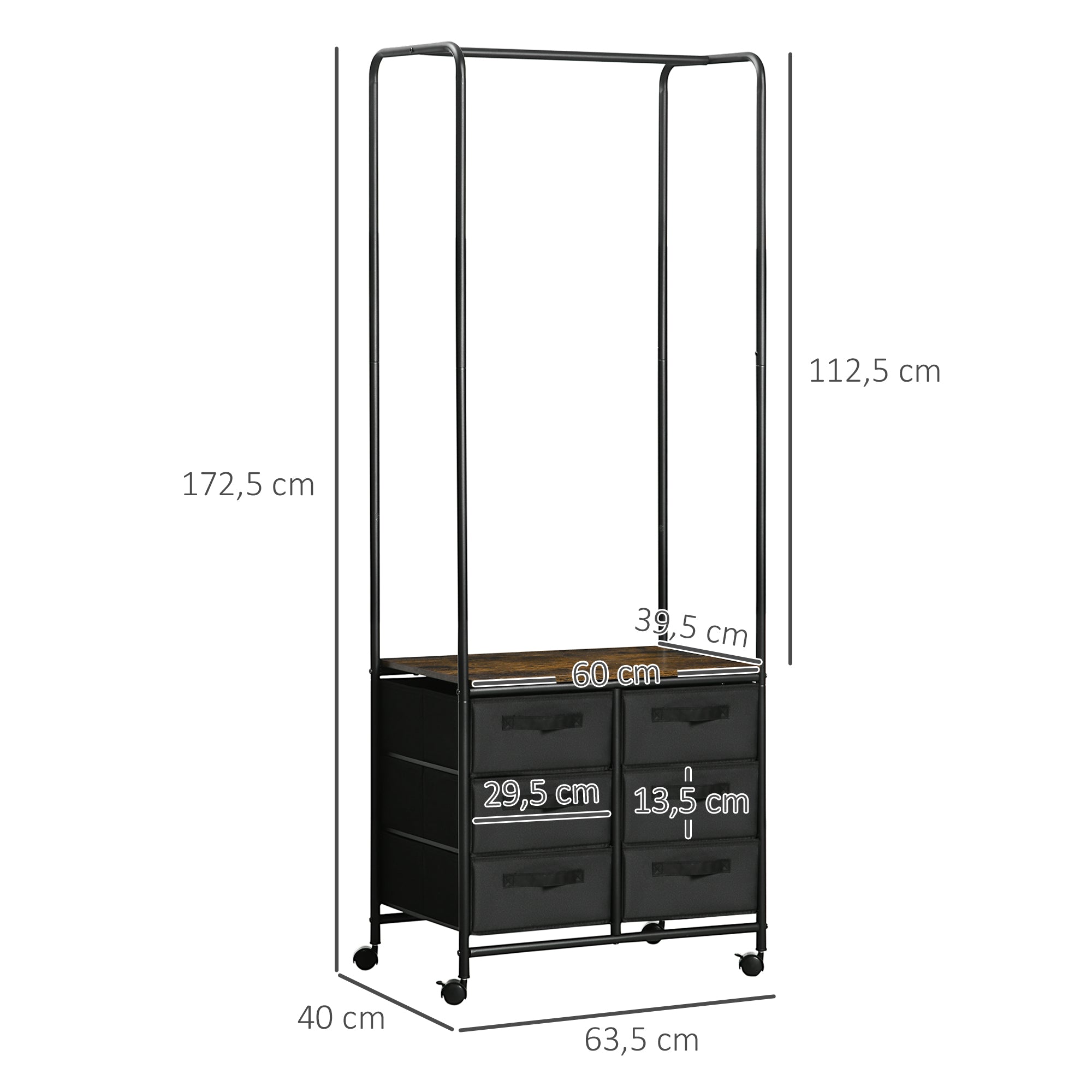 Industrial Style Wardrobe Closet with 6 Fabric Drawers and 4 Wheels - 63.5 x 40 x 172.5 cm Black Brown