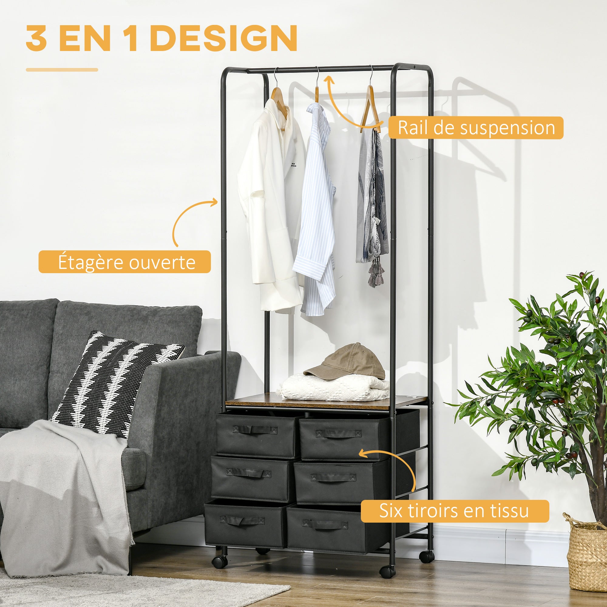 Industrial Style Wardrobe Closet with 6 Fabric Drawers and 4 Wheels - 63.5 x 40 x 172.5 cm Black Brown