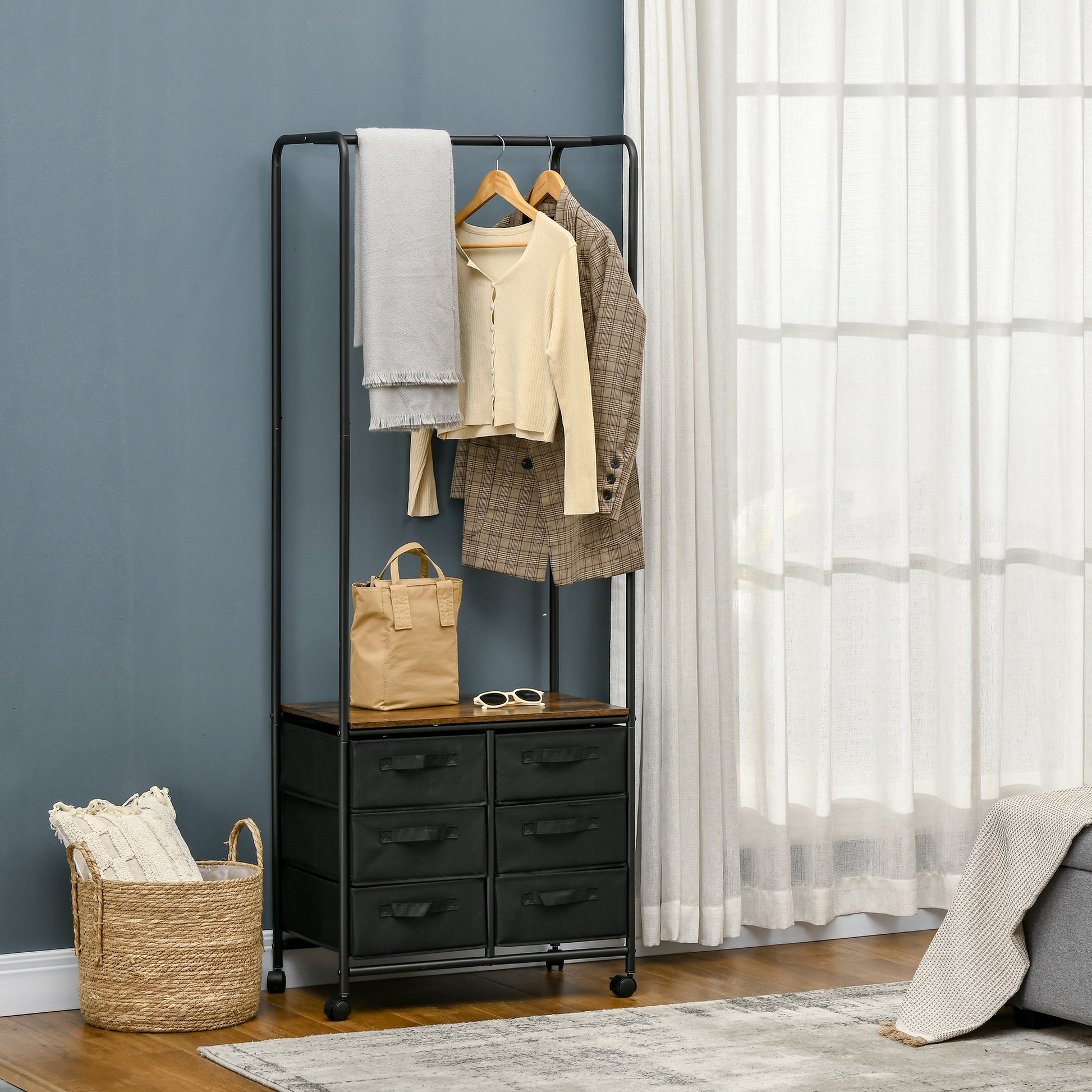 Industrial Style Wardrobe Closet with 6 Fabric Drawers and 4 Wheels - 63.5 x 40 x 172.5 cm Black Brown
