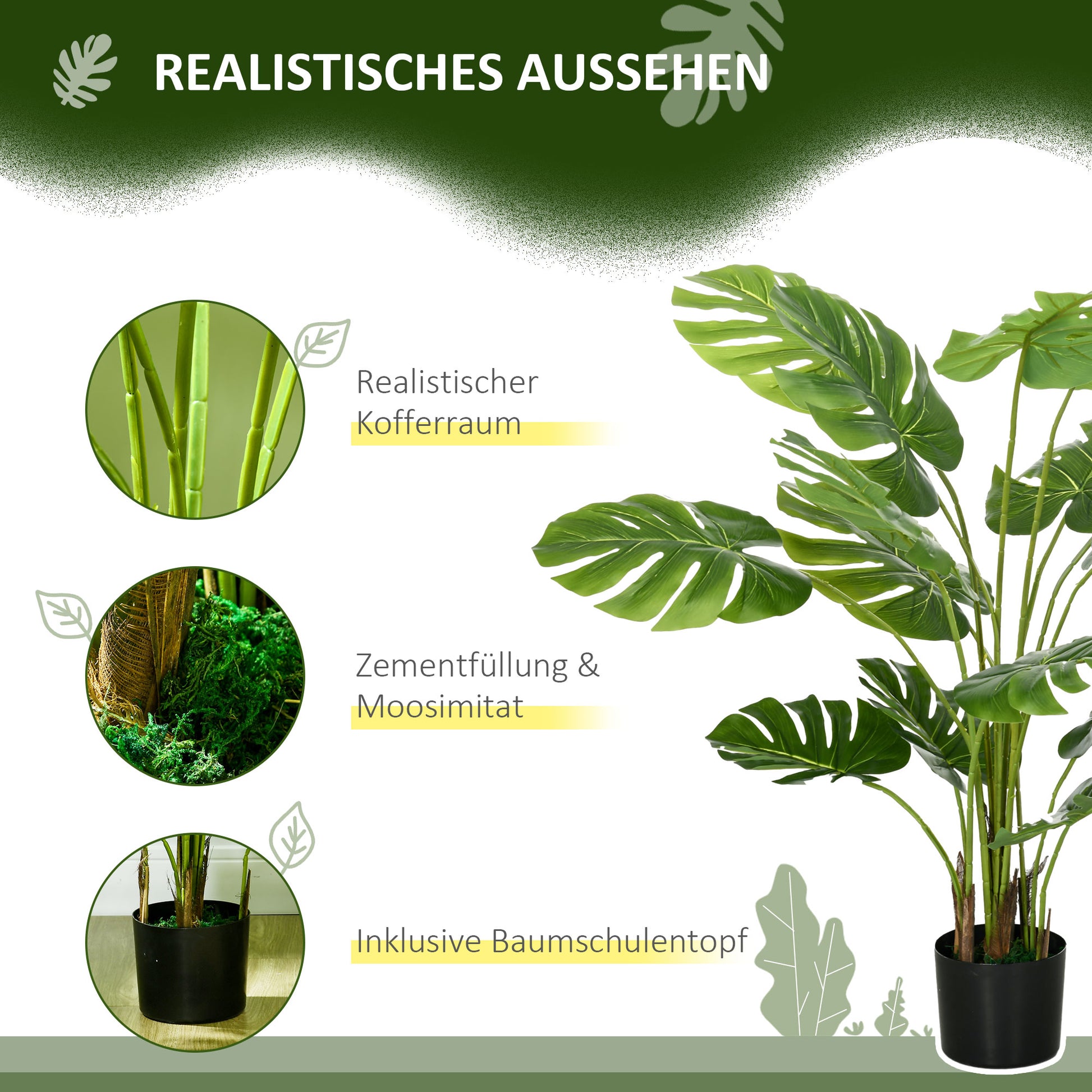 Artificial Plants, Artificial Monstera Deliciosa, 120 cm Artificial Plant with 15 Branches, Indoor Plant, Artificial Tree, Plant Decoration for Indoor, Green