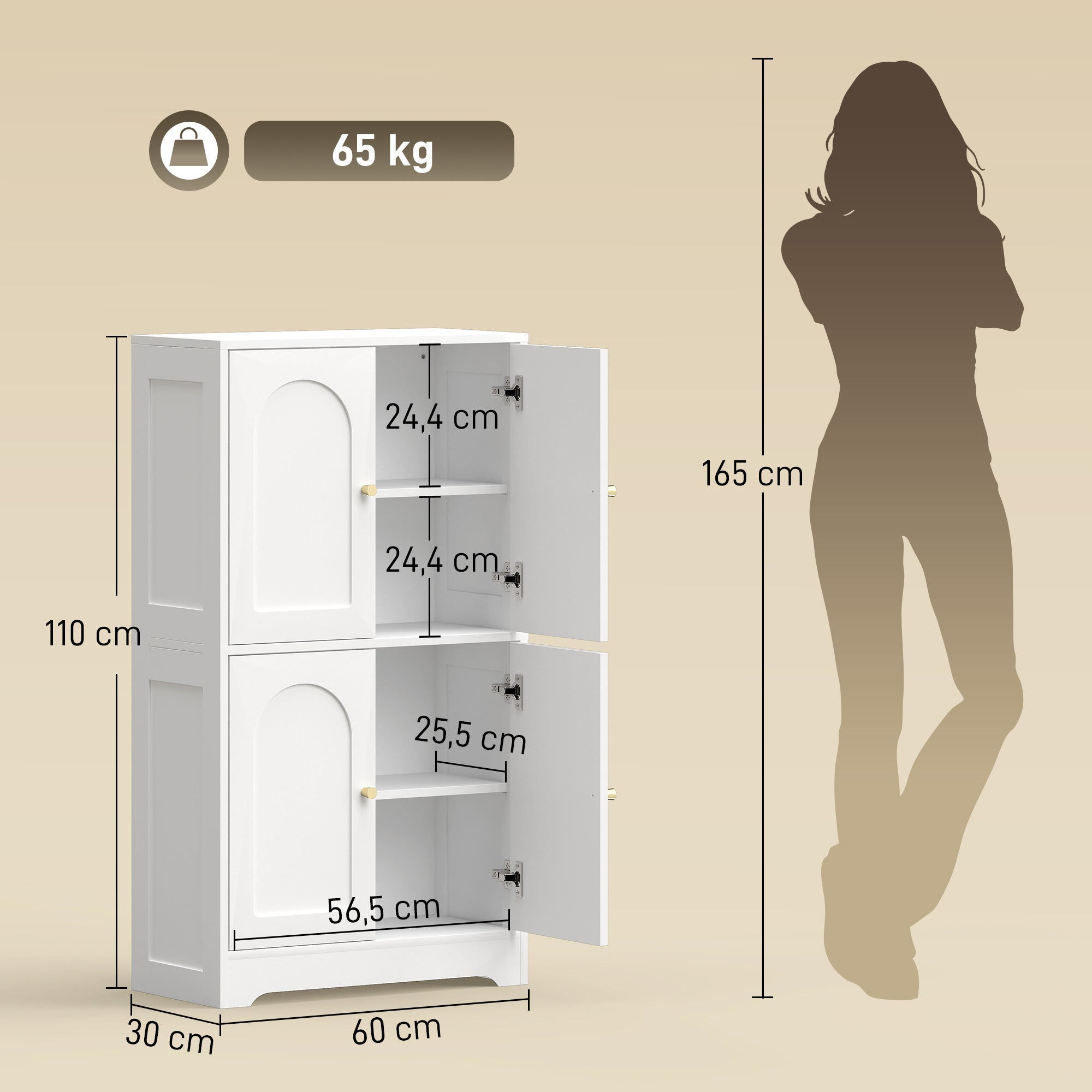 Kitchen Cabinet, Tall Cupboard with 2 Adjustable Shelves, 4 Arched Doors, White — 23.6 in x 11.8 in x 43.3 in (60 x 30 x 110 cm)