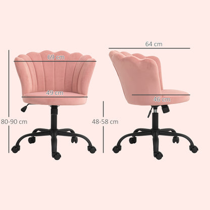 Petal Back Office Chair, Armless Office Chair with Adjustable Height, Velvet Swivel Seat and Wheels, 69x64x80-90 cm, Pink