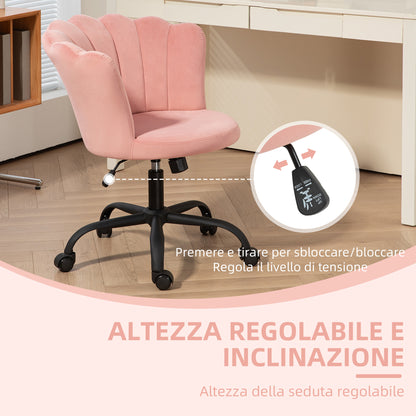 Petal Back Office Chair, Armless Office Chair with Adjustable Height, Velvet Swivel Seat and Wheels, 69x64x80-90 cm, Pink