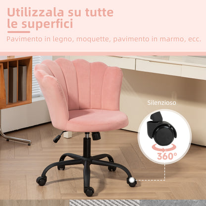 Petal Back Office Chair, Armless Office Chair with Adjustable Height, Velvet Swivel Seat and Wheels, 69x64x80-90 cm, Pink