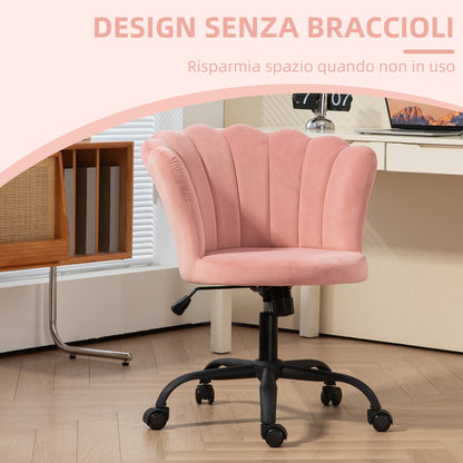 Petal Back Office Chair, Armless Office Chair with Adjustable Height, Velvet Swivel Seat and Wheels, 69x64x80-90 cm, Pink