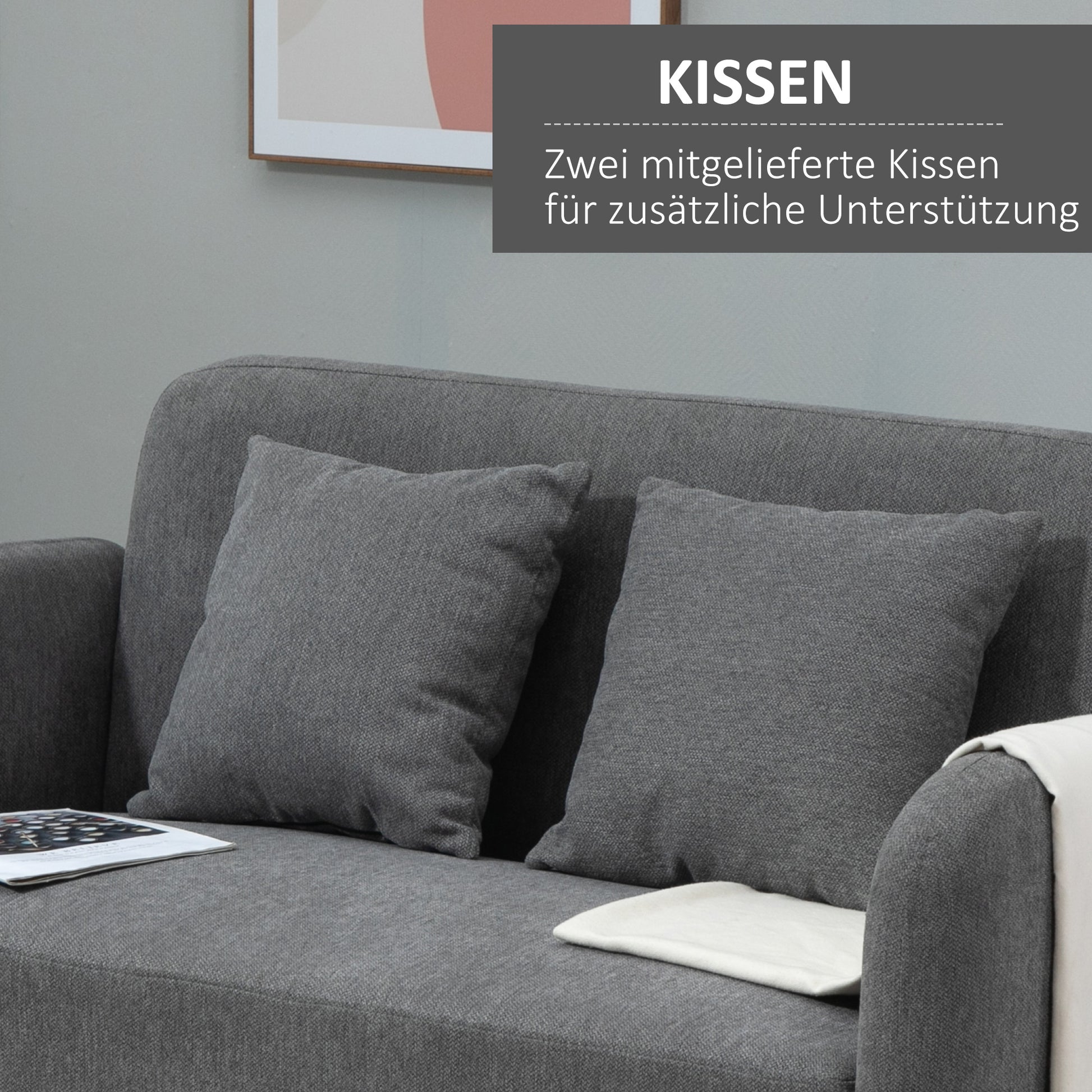 2 Seater Sofa, Couch with 2 Throw Pillows, Padded Loveseat, Upholstered Sofa with Velvet-Like Fabric, Armrest, Loveseat for Living Room, Bedroom, 130 x 70 x 80 cm, Gray