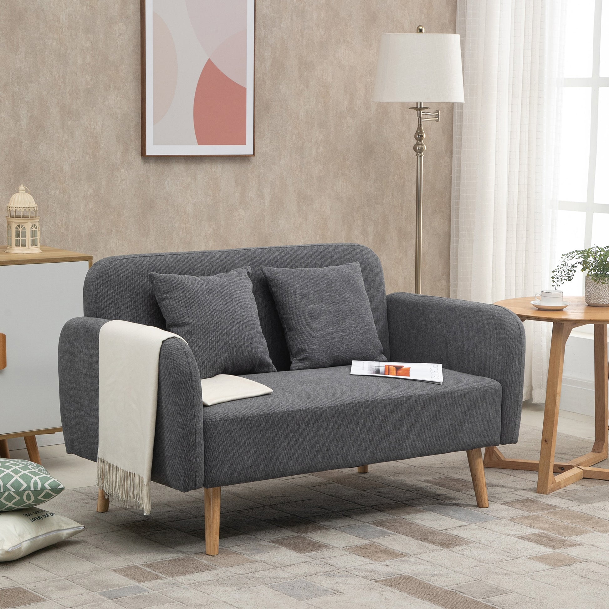 2 Seater Sofa, Couch with 2 Throw Pillows, Padded Loveseat, Upholstered Sofa with Velvet-Like Fabric, Armrest, Loveseat for Living Room, Bedroom, 130 x 70 x 80 cm, Gray