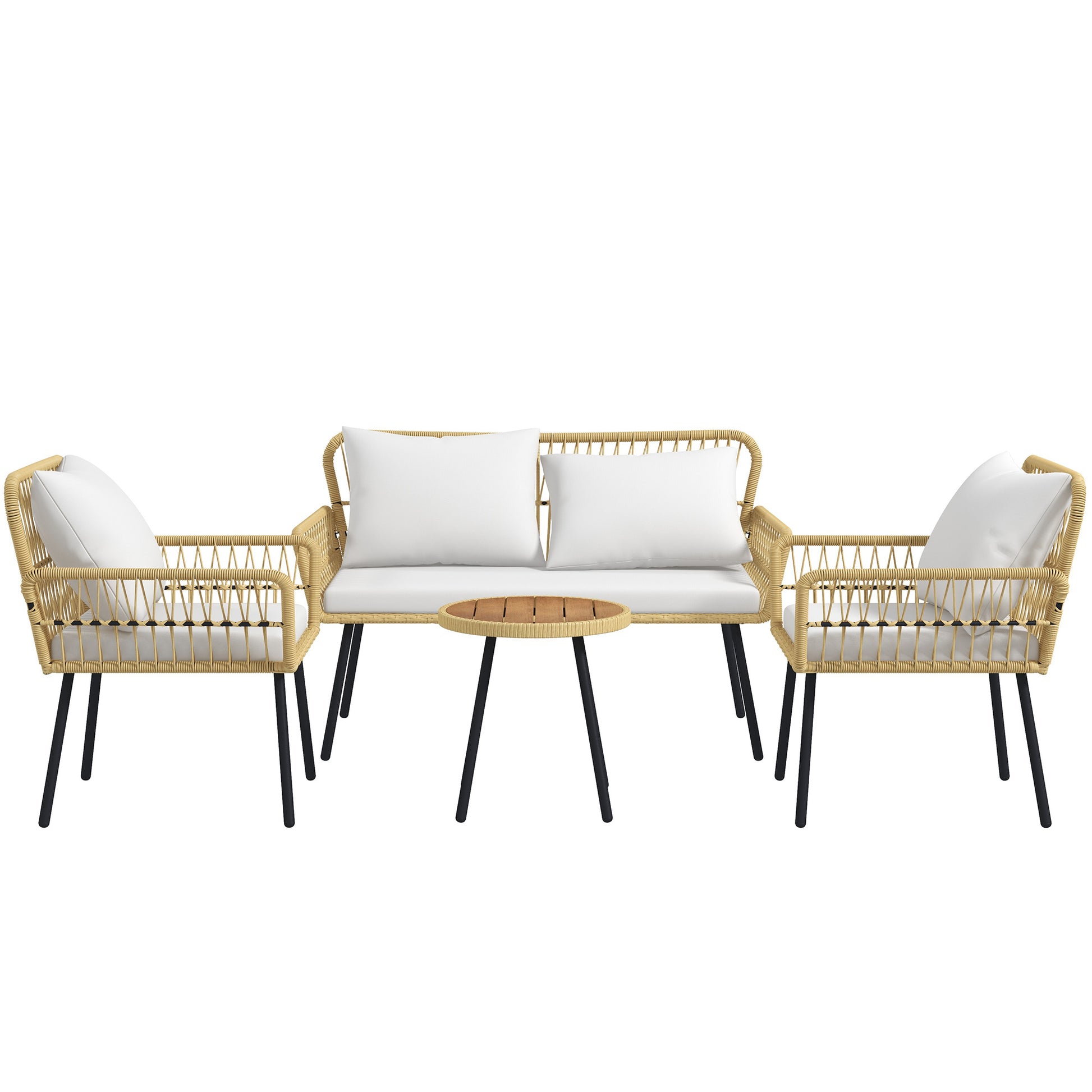 4-Piece Outdoor Garden Furniture Set 2-Seater Sofa 2 Armchairs with 7 Cushions 1 Round Coffee Table, Wicker Resin