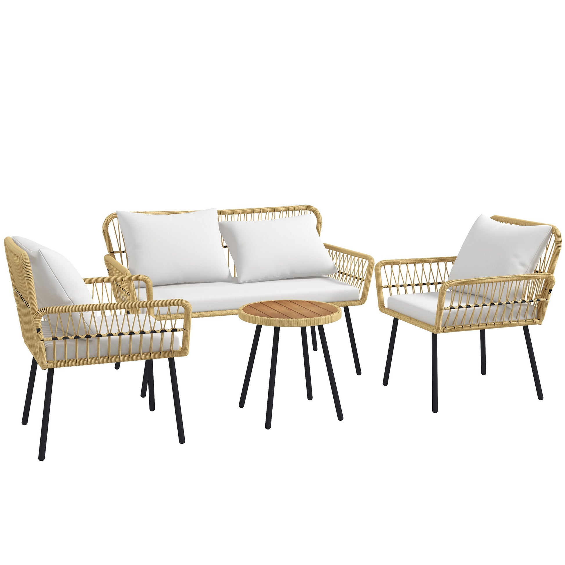 4-Piece Outdoor Garden Furniture Set 2-Seater Sofa 2 Armchairs with 7 Cushions 1 Round Coffee Table, Wicker Resin