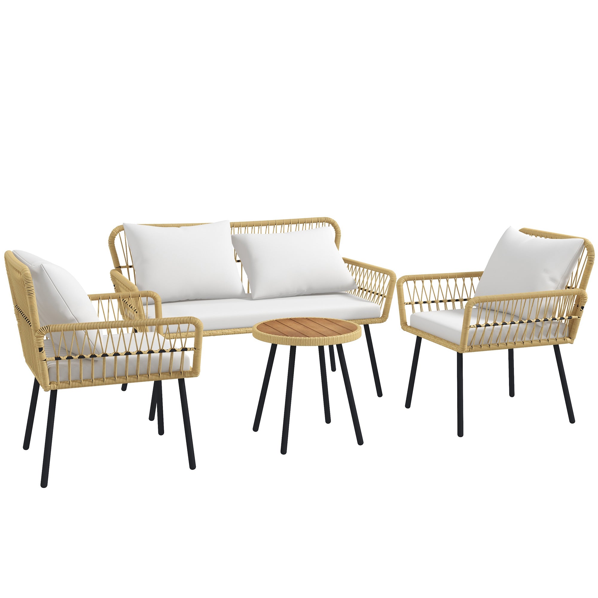 4-Piece Outdoor Garden Furniture Set 2-Seater Sofa 2 Armchairs with 7 Cushions 1 Round Coffee Table, Wicker Resin