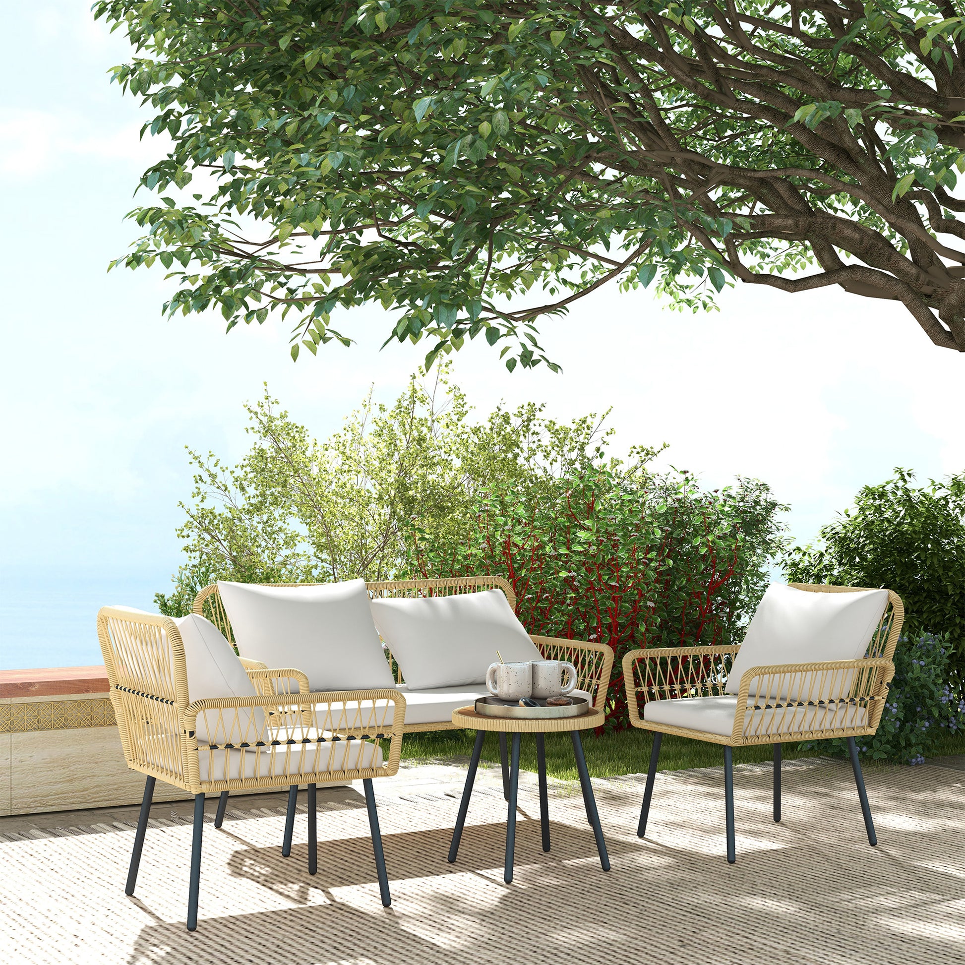 4-Piece Outdoor Garden Furniture Set 2-Seater Sofa 2 Armchairs with 7 Cushions 1 Round Coffee Table, Wicker Resin