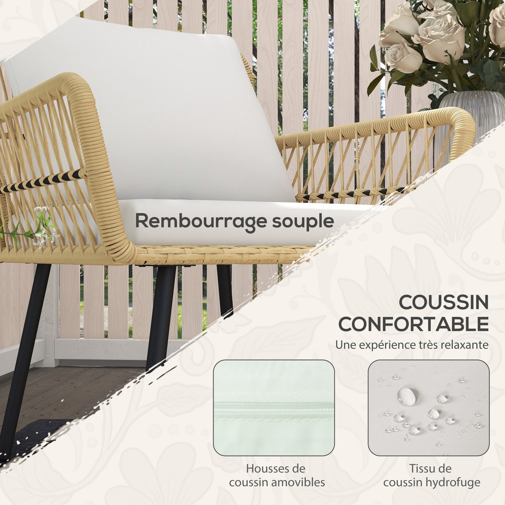 4-Piece Outdoor Garden Furniture Set 2-Seater Sofa 2 Armchairs with 7 Cushions 1 Round Coffee Table, Wicker Resin