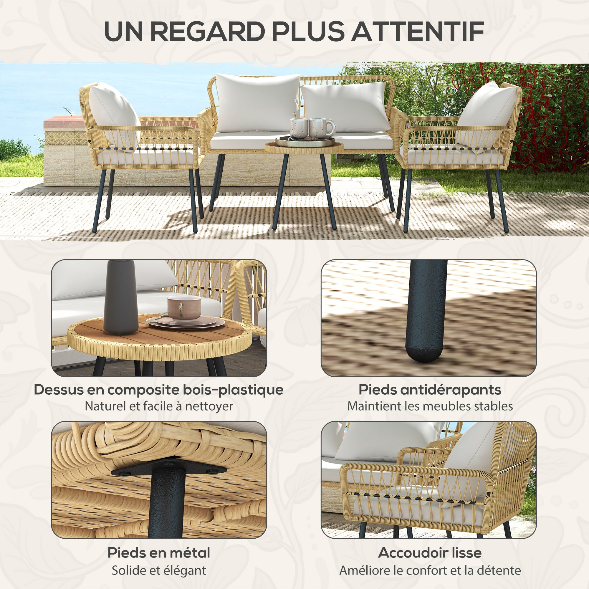 4-Piece Outdoor Garden Furniture Set 2-Seater Sofa 2 Armchairs with 7 Cushions 1 Round Coffee Table, Wicker Resin