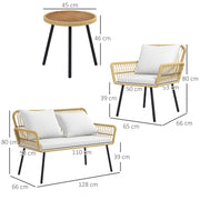4-Piece Outdoor Garden Furniture Set 2-Seater Sofa 2 Armchairs with 7 Cushions 1 Round Coffee Table, Wicker Resin