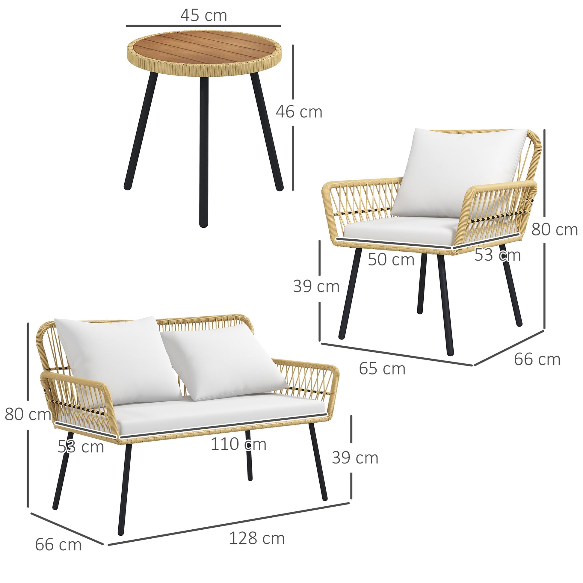4-Piece Outdoor Garden Furniture Set 2-Seater Sofa 2 Armchairs with 7 Cushions 1 Round Coffee Table, Wicker Resin