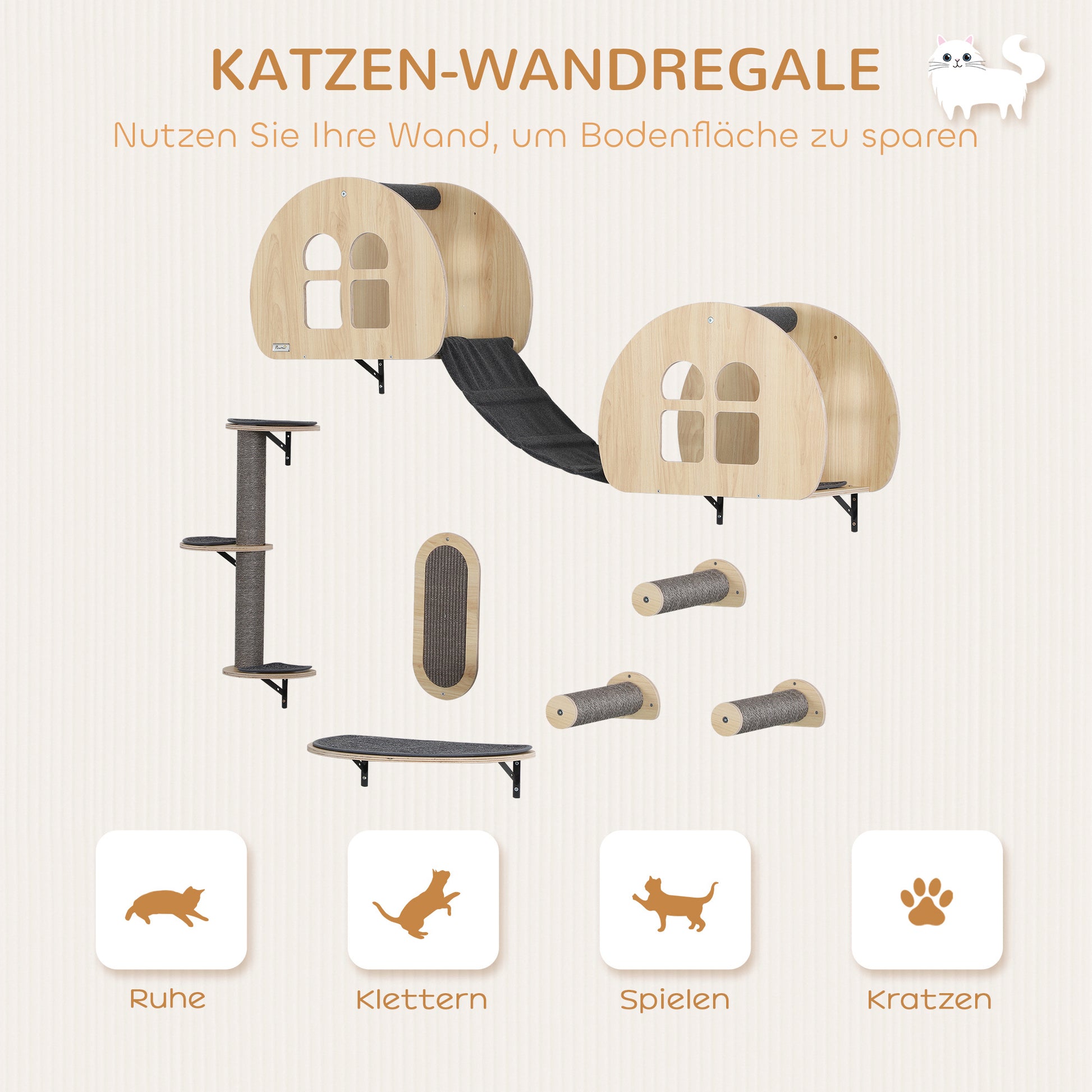 Cat Climbing Wall 7-Piece Cat Climbing Wall Set with Sisal Post Ladder, Platform, Scratching Post with Scratching Board, Cave, Cat Furniture for Cats up to 5 kg, Gray+Oak