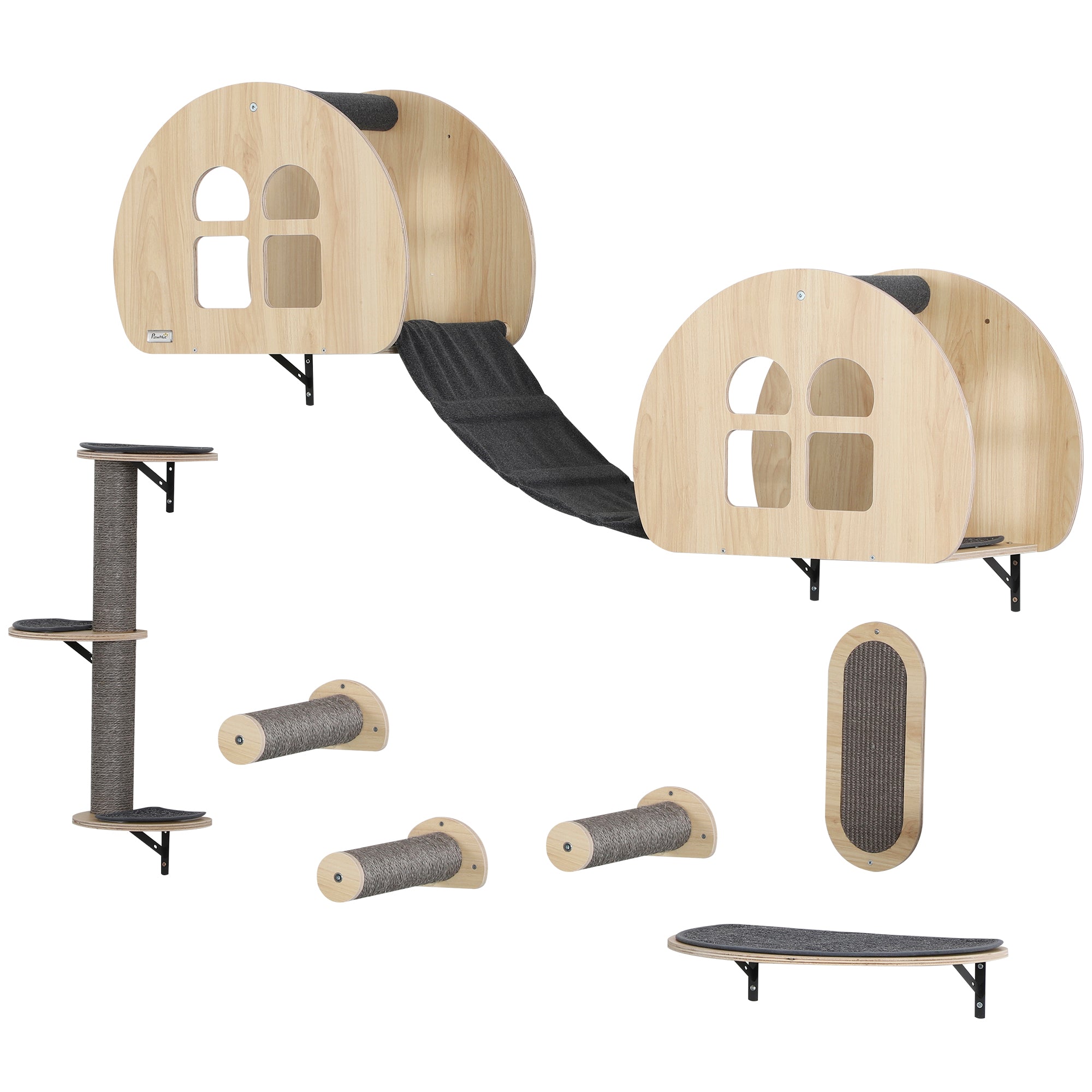 Cat Climbing Wall 7-Piece Cat Climbing Wall Set with Sisal Post Ladder, Platform, Scratching Post with Scratching Board, Cave, Cat Furniture for Cats up to 5 kg, Gray+Oak