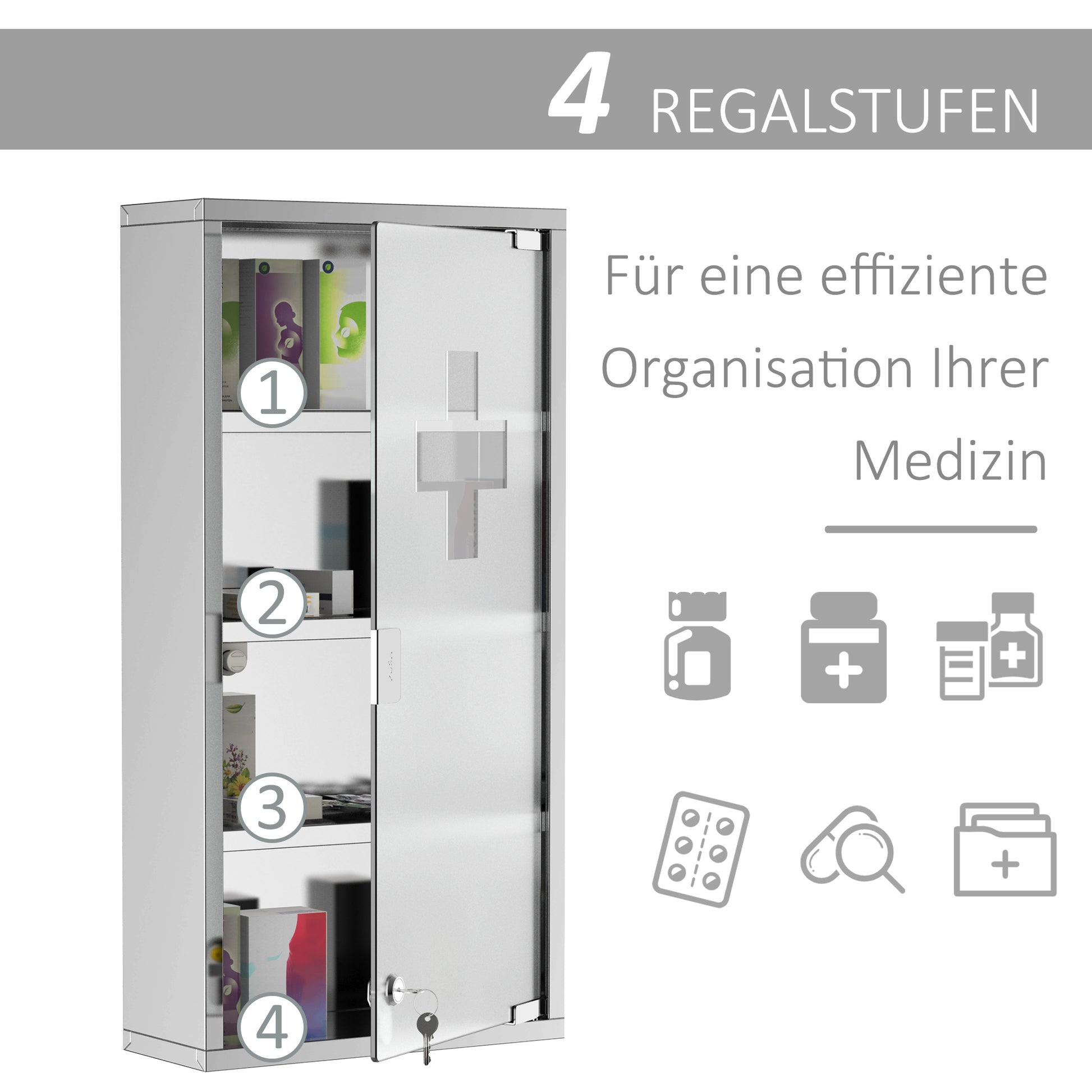 Medicine Cabinet Stainless Steel, Lockable Medication Cabinet with 4 Compartments, Glass Door Apothecary Cabinet for Medication Storage, 30 x 12 x 60 cm