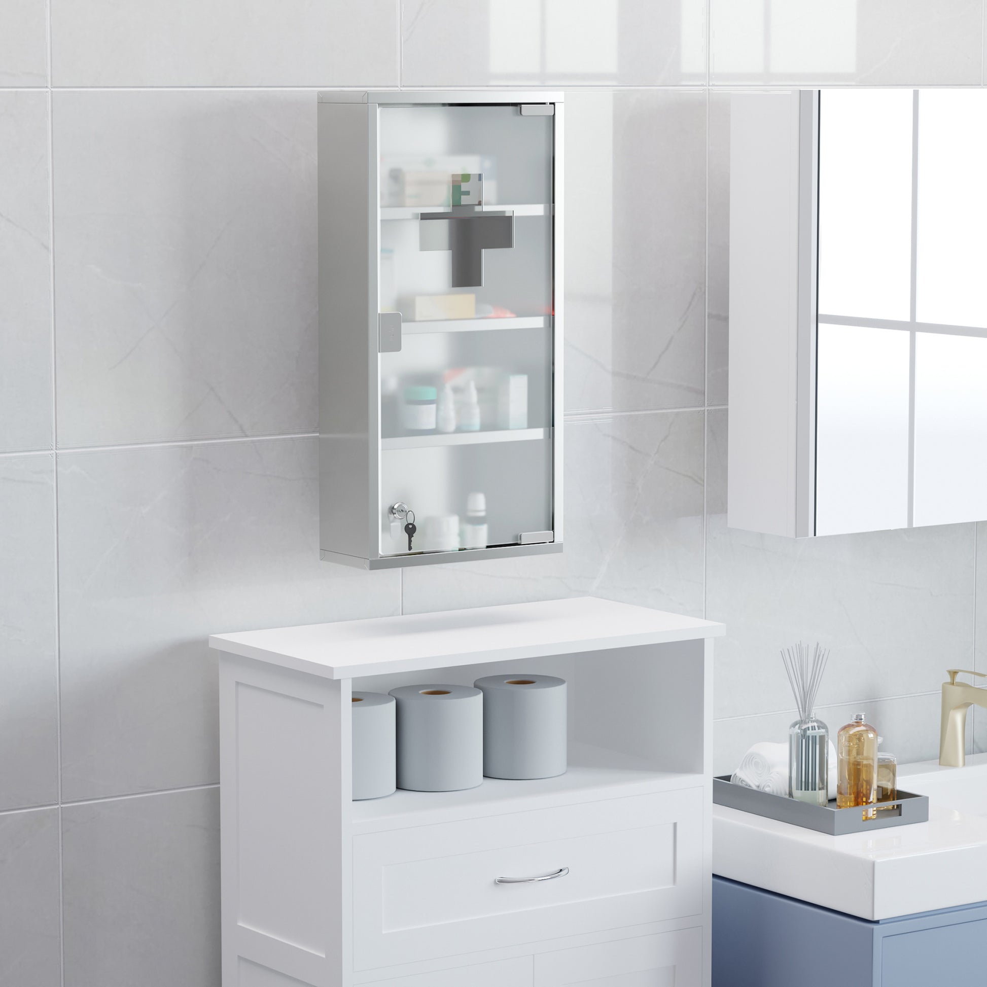 Medicine Cabinet Stainless Steel, Lockable Medication Cabinet with 4 Compartments, Glass Door Apothecary Cabinet for Medication Storage, 30 x 12 x 60 cm