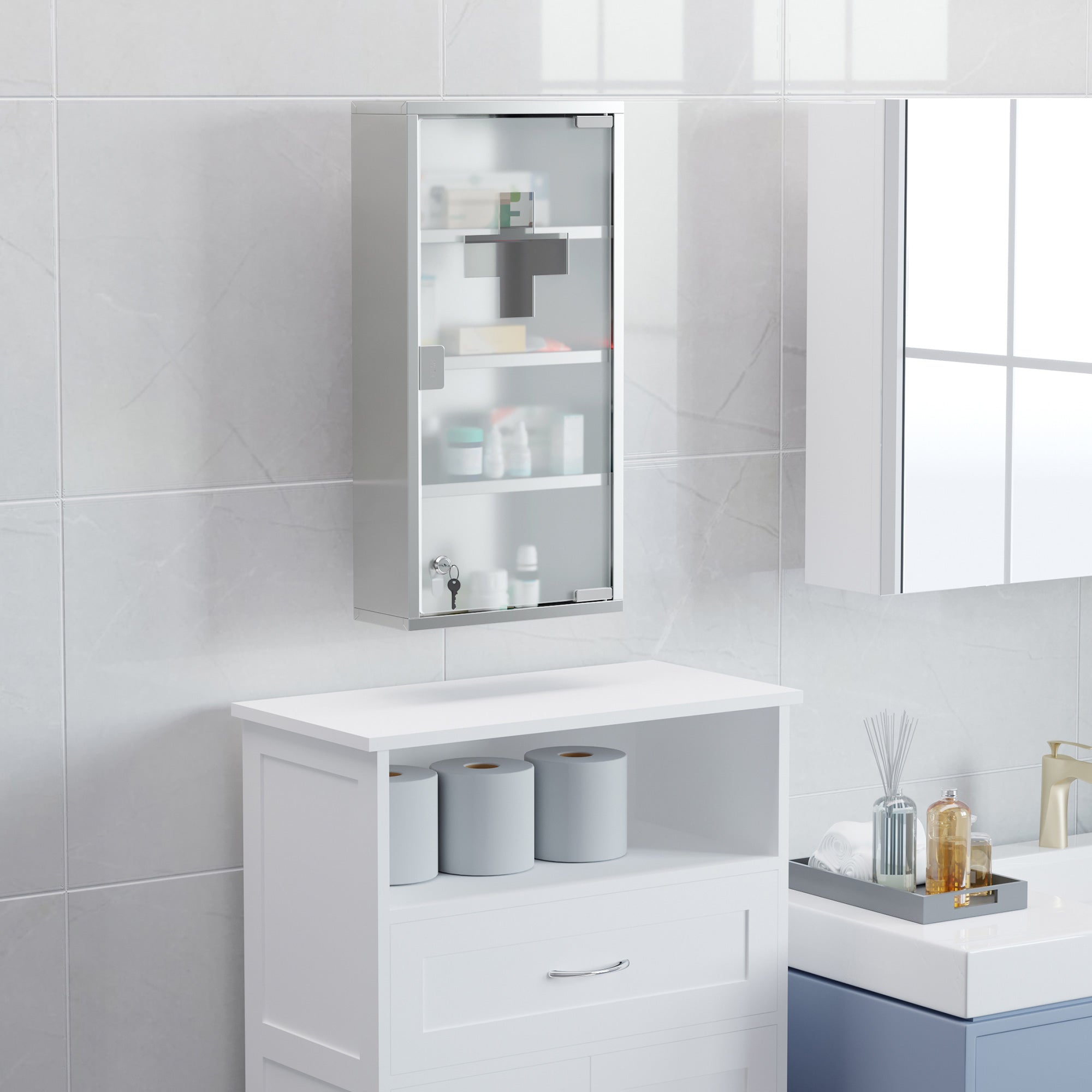 Medicine Cabinet Stainless Steel, Lockable Medication Cabinet with 4 Compartments, Glass Door Apothecary Cabinet for Medication Storage, 30 x 12 x 60 cm