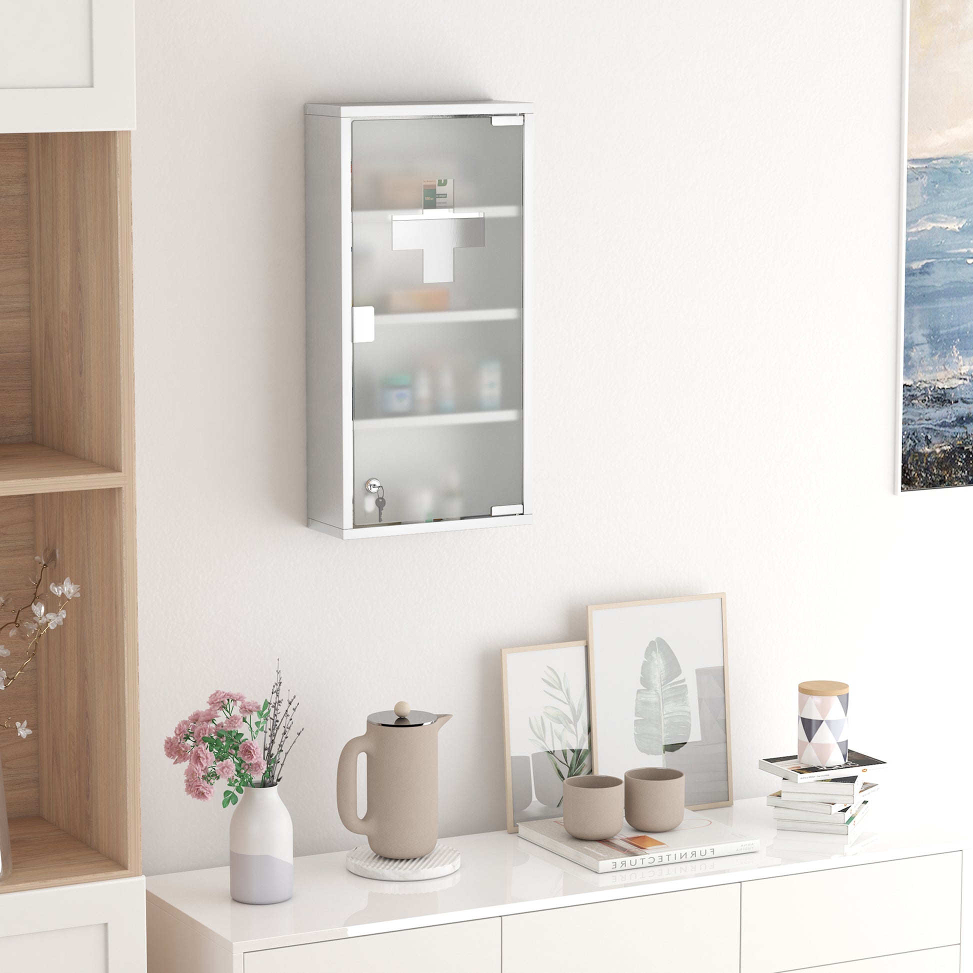 Medicine Cabinet Stainless Steel, Lockable Medication Cabinet with 4 Compartments, Glass Door Apothecary Cabinet for Medication Storage, 30 x 12 x 60 cm