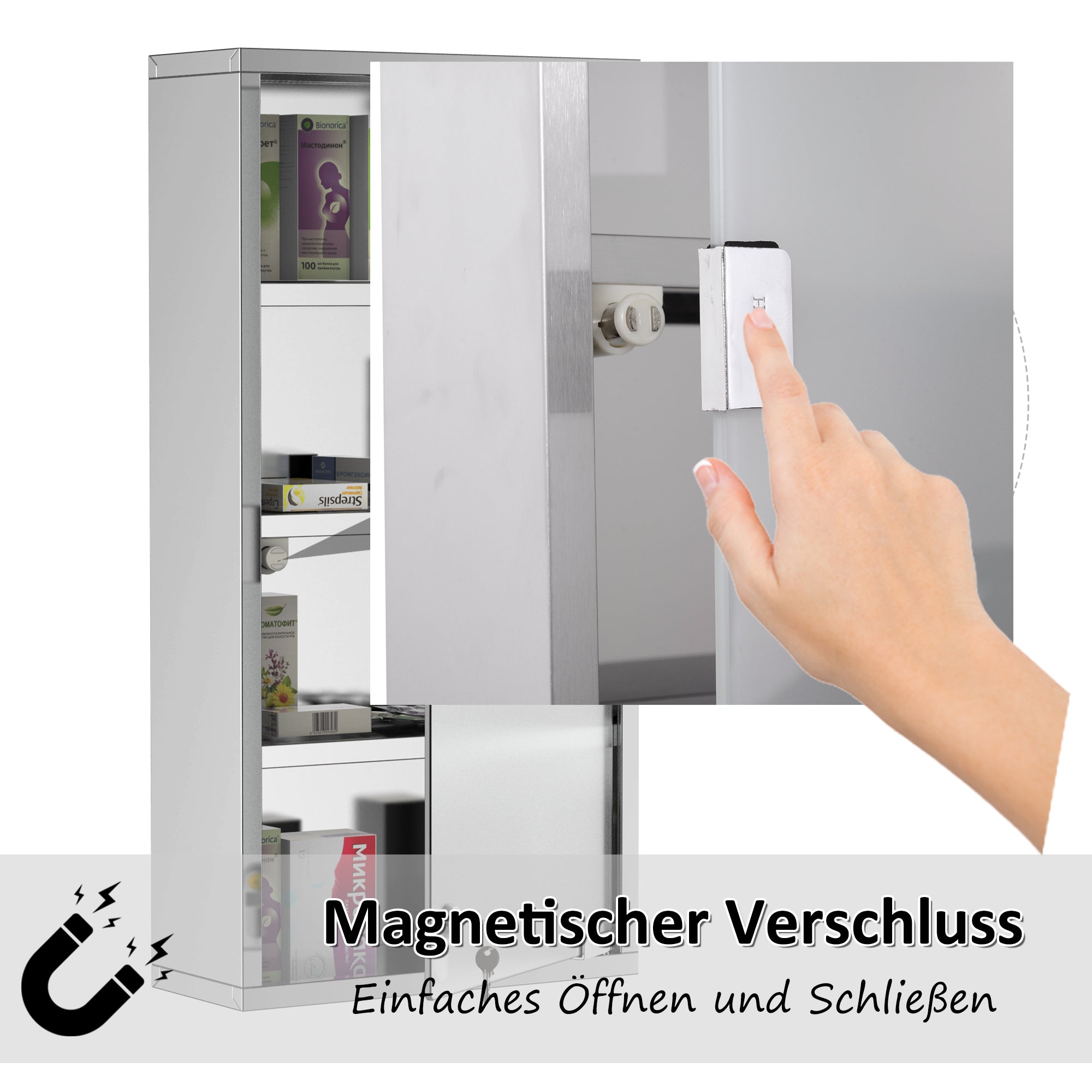 Medicine Cabinet Stainless Steel, Lockable Medication Cabinet with 4 Compartments, Glass Door Apothecary Cabinet for Medication Storage, 30 x 12 x 60 cm