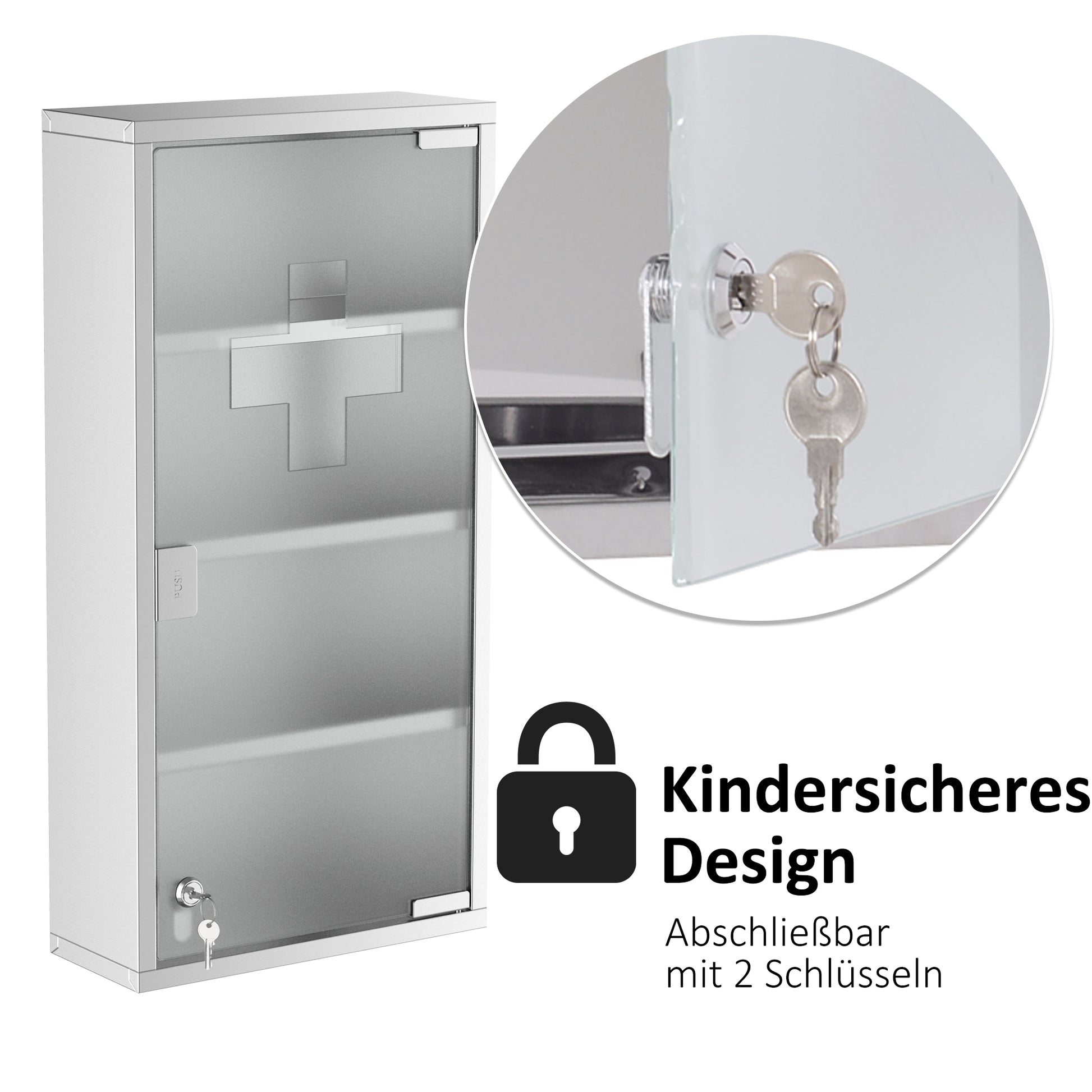 Medicine Cabinet Stainless Steel, Lockable Medication Cabinet with 4 Compartments, Glass Door Apothecary Cabinet for Medication Storage, 30 x 12 x 60 cm