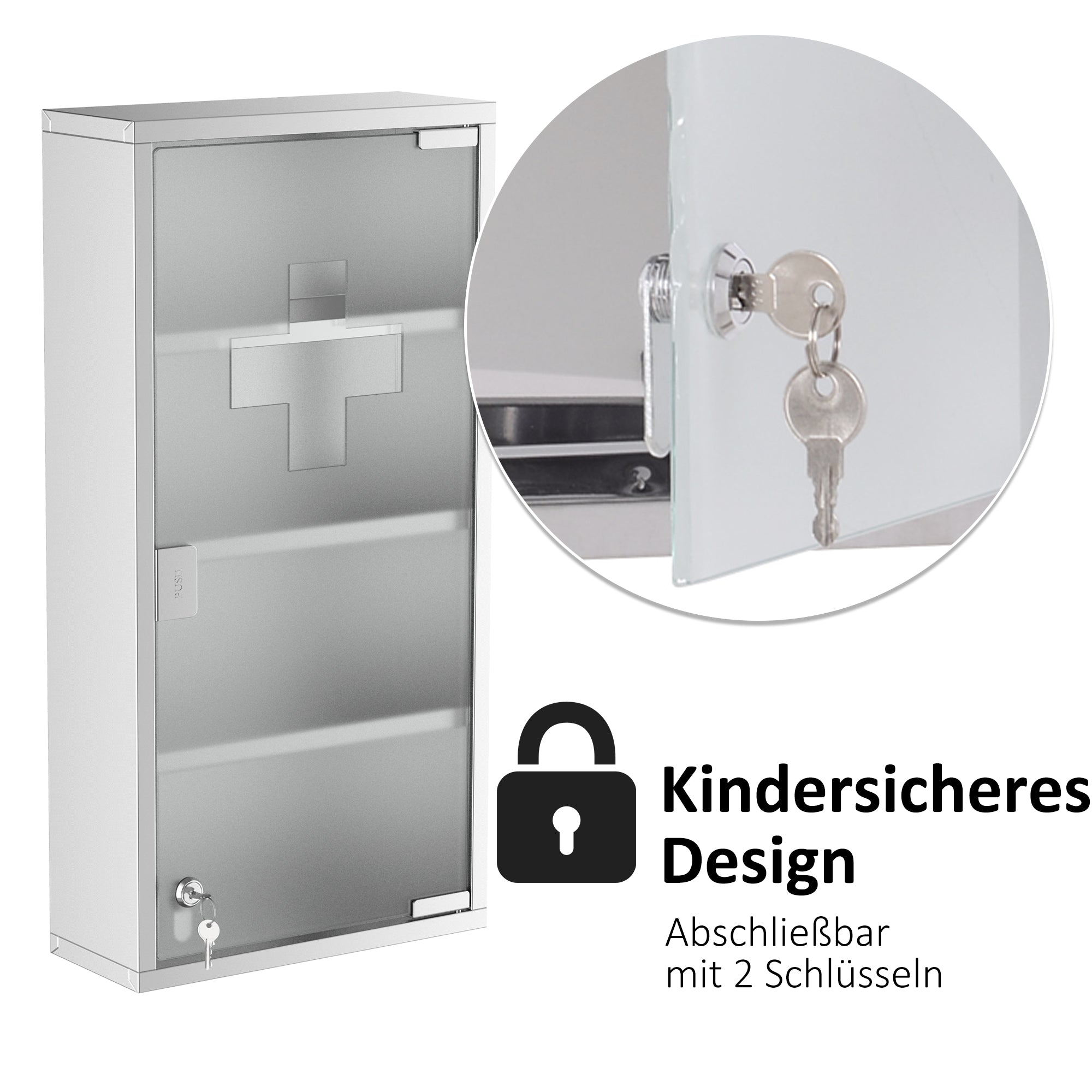 Medicine Cabinet Stainless Steel, Lockable Medication Cabinet with 4 Compartments, Glass Door Apothecary Cabinet for Medication Storage, 30 x 12 x 60 cm