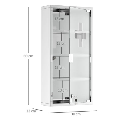Medicine Cabinet Stainless Steel, Lockable Medication Cabinet with 4 Compartments, Glass Door Apothecary Cabinet for Medication Storage, 30 x 12 x 60 cm