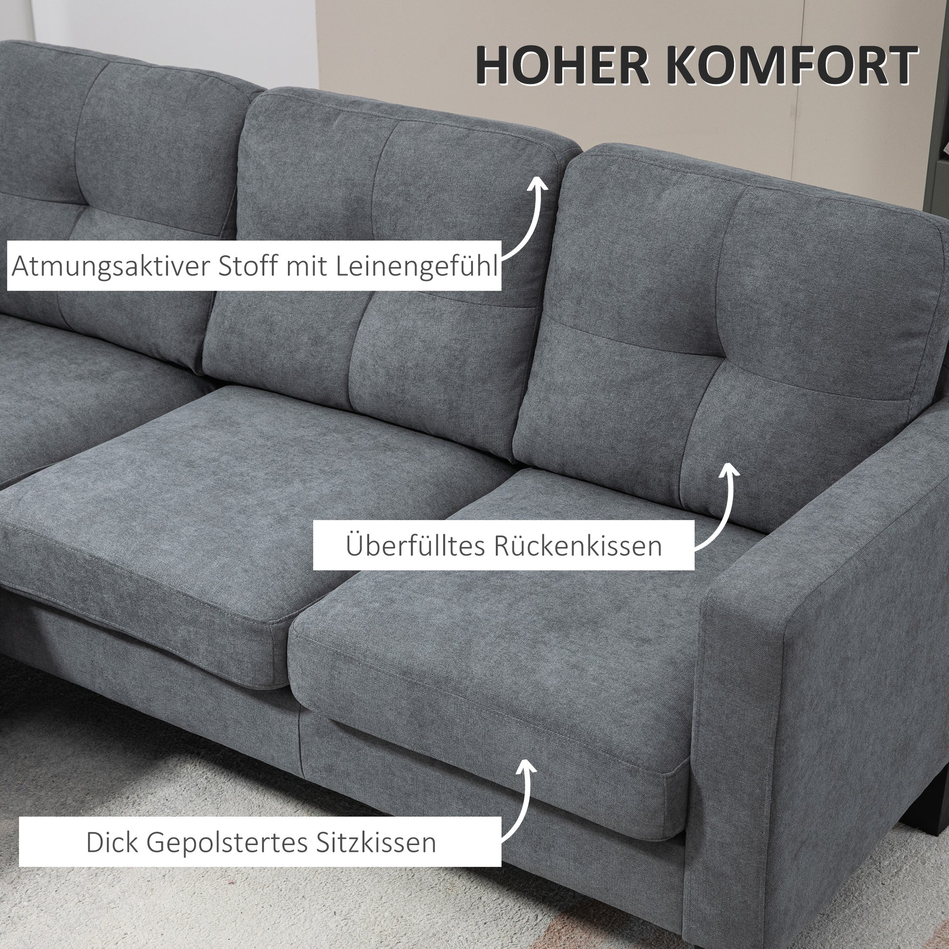 Sectional Sofa with Reversible Chaise Lounge L Shape Couch with Spring Core, High-Density Foam, Linen-Look for Living Room, Bedroom, 186 x 130 x 84 cm Dark Gray