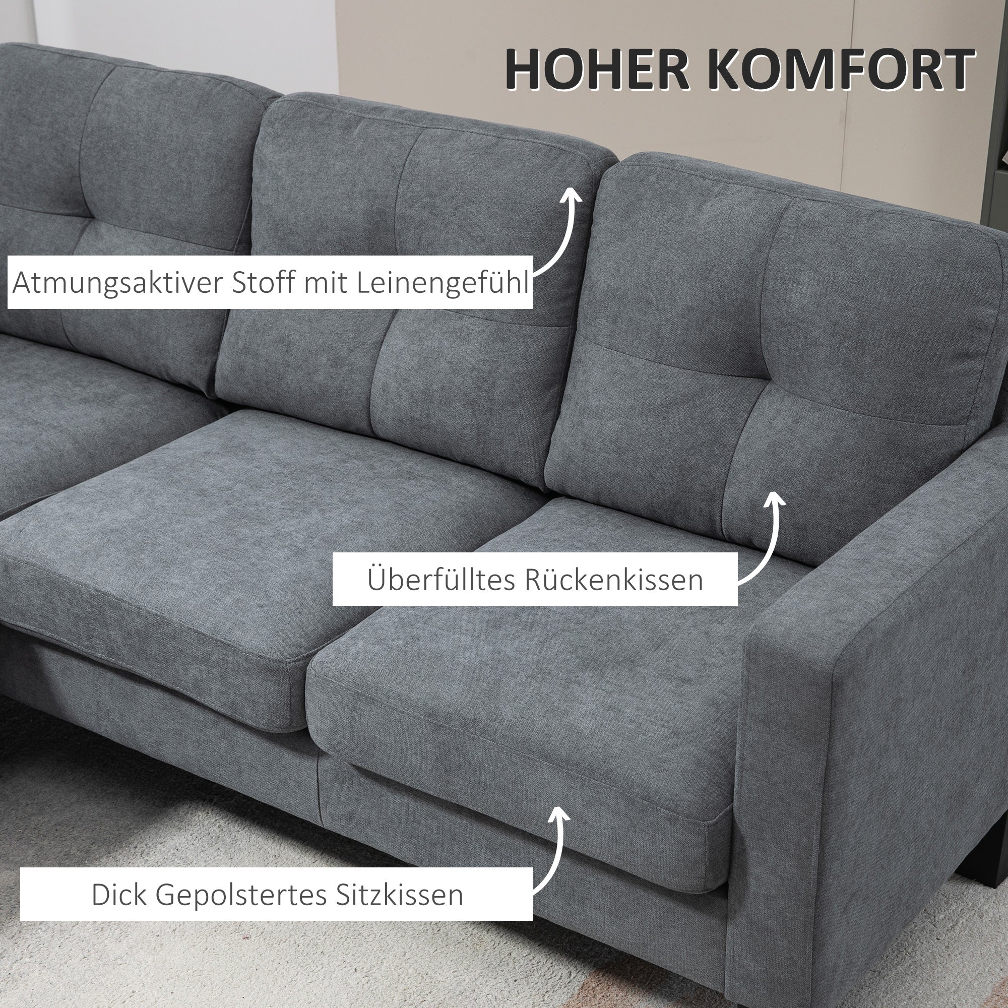 Sectional Sofa with Reversible Chaise Lounge L Shape Couch with Spring Core, High-Density Foam, Linen-Look for Living Room, Bedroom, 186 x 130 x 84 cm Dark Gray