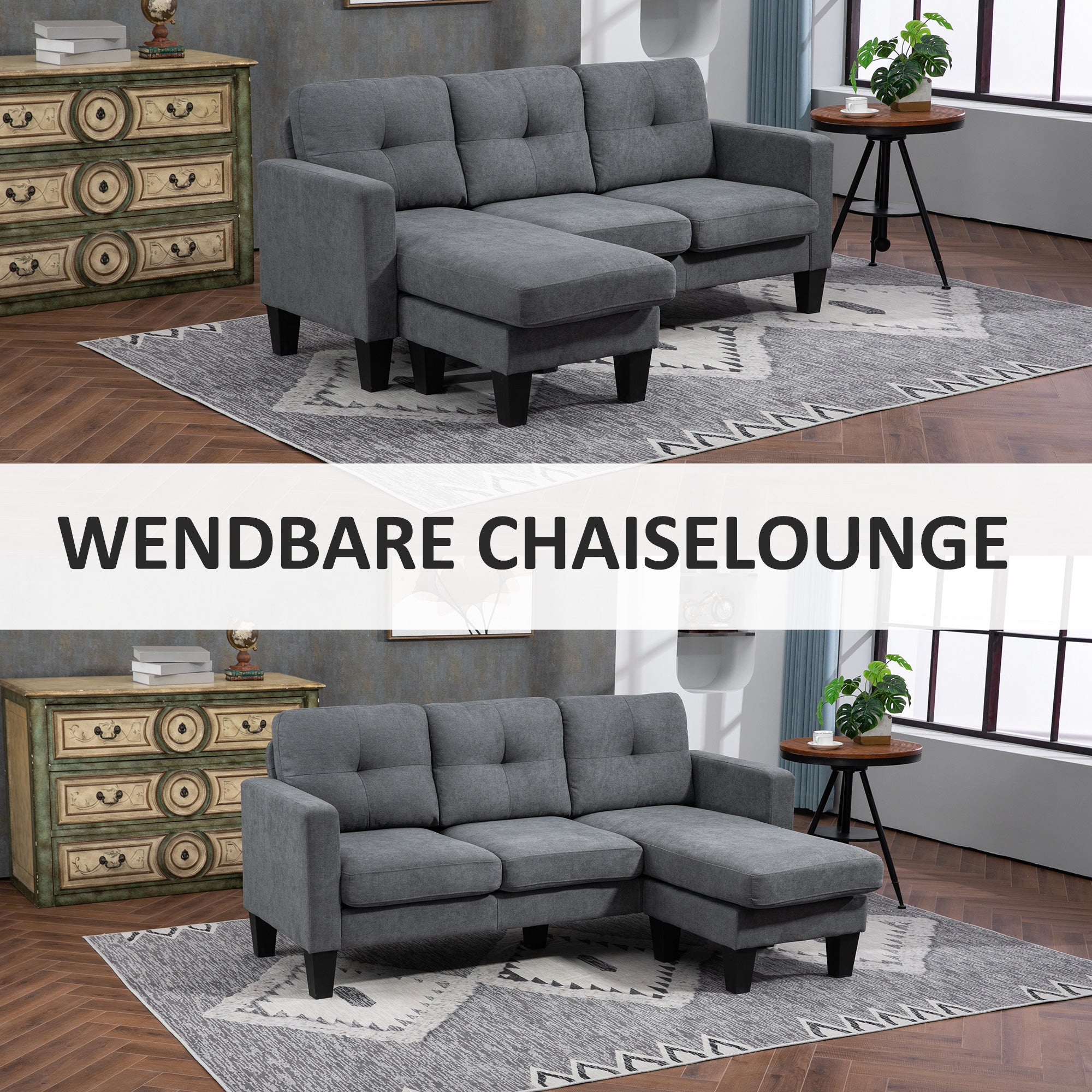Sectional Sofa with Reversible Chaise Lounge L Shape Couch with Spring Core, High-Density Foam, Linen-Look for Living Room, Bedroom, 186 x 130 x 84 cm Dark Gray