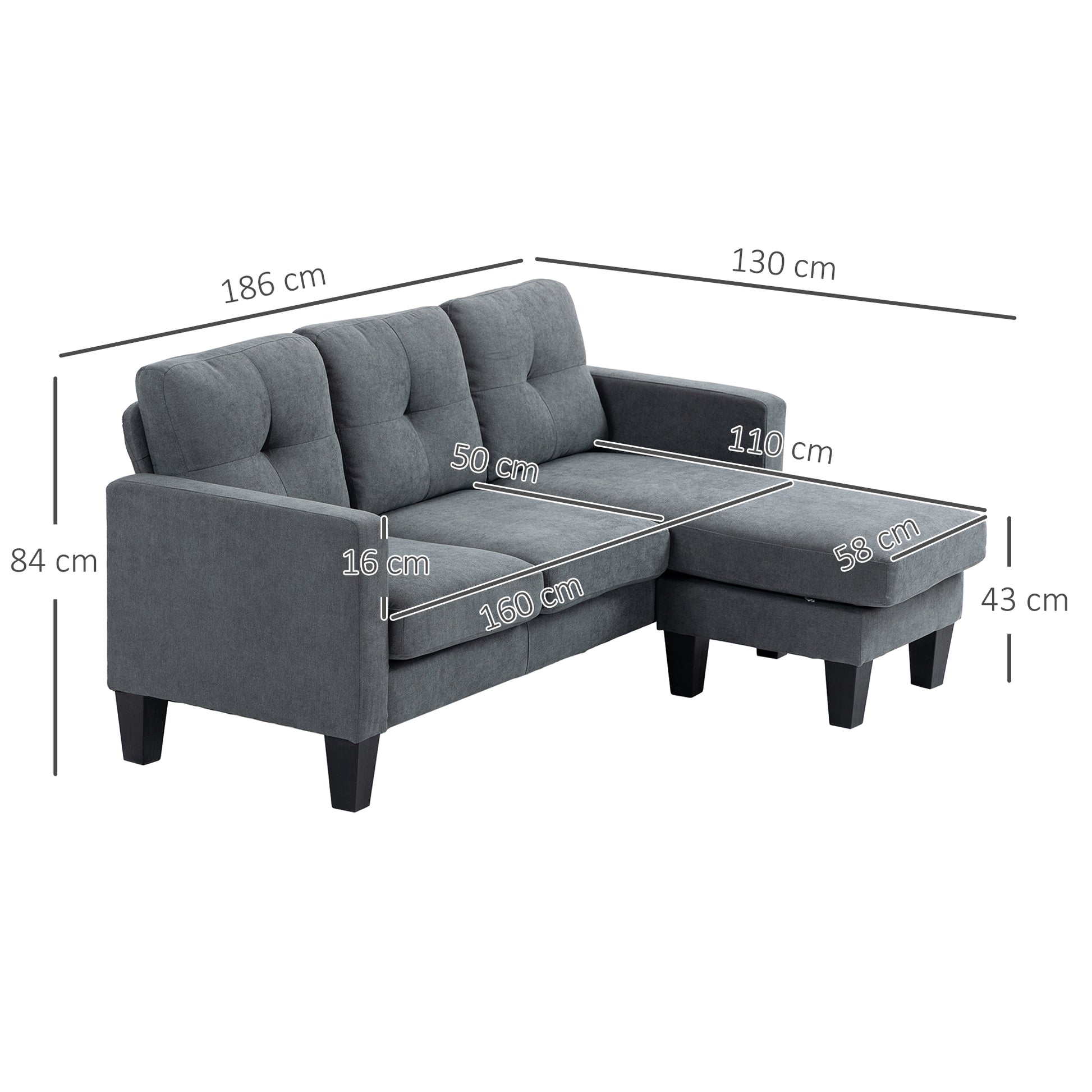 Sectional Sofa with Reversible Chaise Lounge L Shape Couch with Spring Core, High-Density Foam, Linen-Look for Living Room, Bedroom, 186 x 130 x 84 cm Dark Gray
