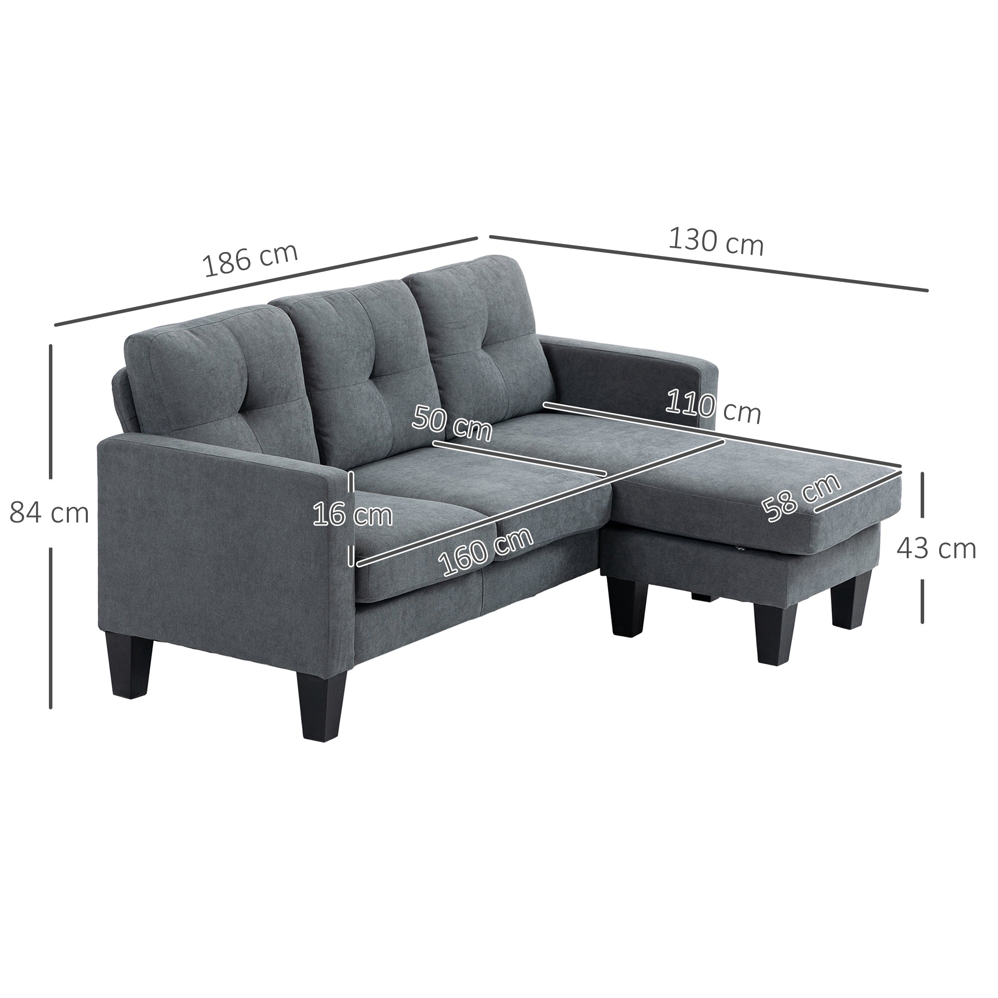 Sectional Sofa with Reversible Chaise Lounge L Shape Couch with Spring Core, High-Density Foam, Linen-Look for Living Room, Bedroom, 186 x 130 x 84 cm Dark Gray