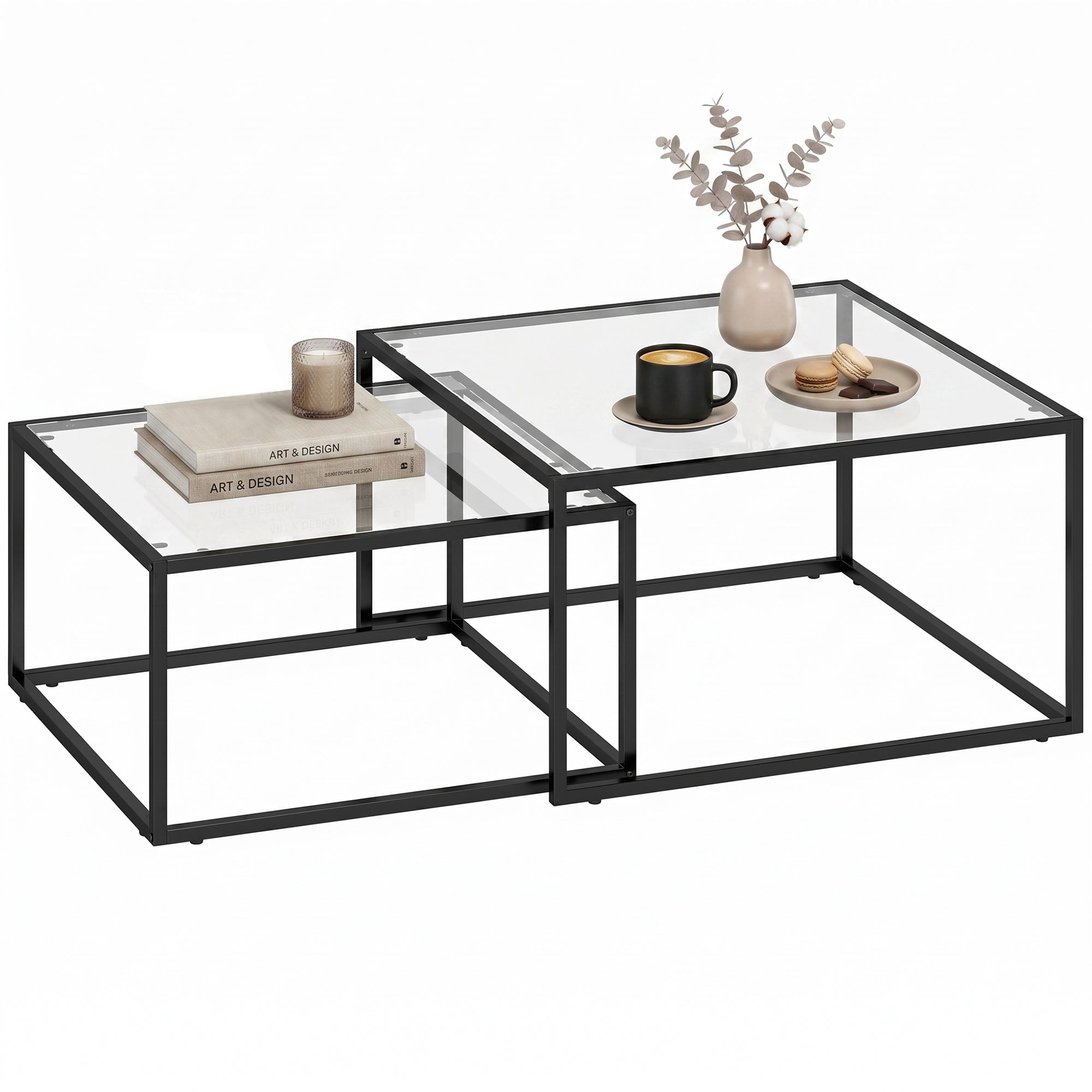 2-Piece Square Nesting Coffee Tables with Tempered Glass Tops & Metal Frame, Space-Saving Black — Large: 29.5 x 29.5 x 16.5 in; Small: 25.6 x 25.6 x 14.2 in