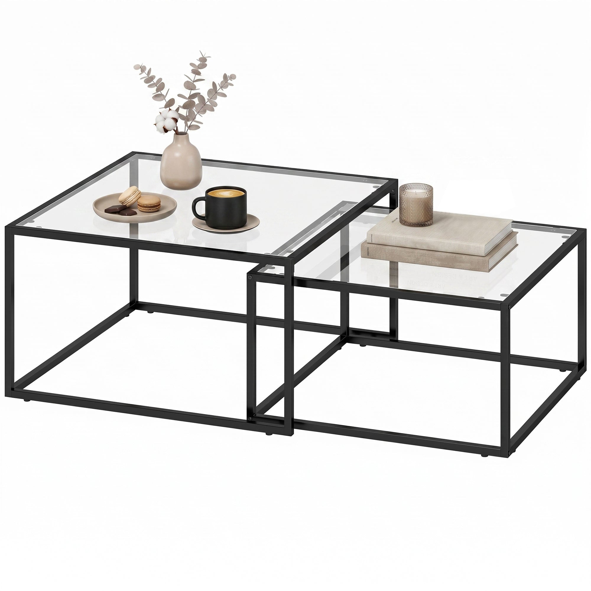 2-Piece Square Nesting Coffee Tables with Tempered Glass Tops & Metal Frame, Space-Saving Black — Large: 29.5 x 29.5 x 16.5 in; Small: 25.6 x 25.6 x 14.2 in