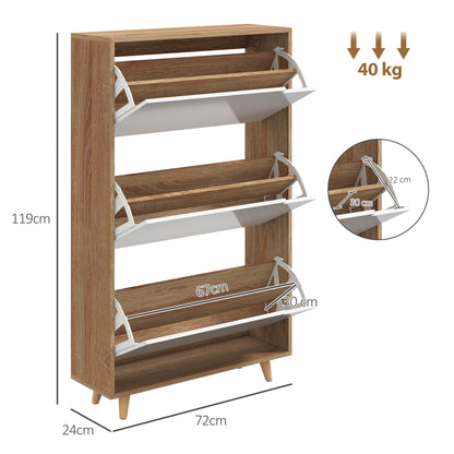 3-Door Shoe Cabinet, Shoe Rack with Adjustable Shelf, 72W x 24D x 119H cm, Natural and White