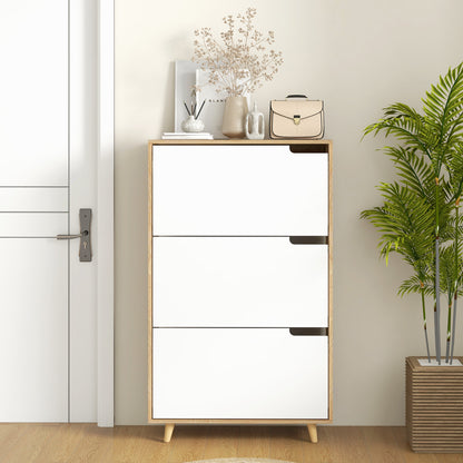 3-Door Shoe Cabinet, Shoe Rack with Adjustable Shelf, 72W x 24D x 119H cm, Natural and White